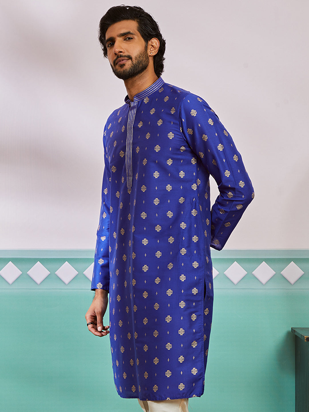 Royal Blue Viscose Blend Wedding Men's Kurta Set