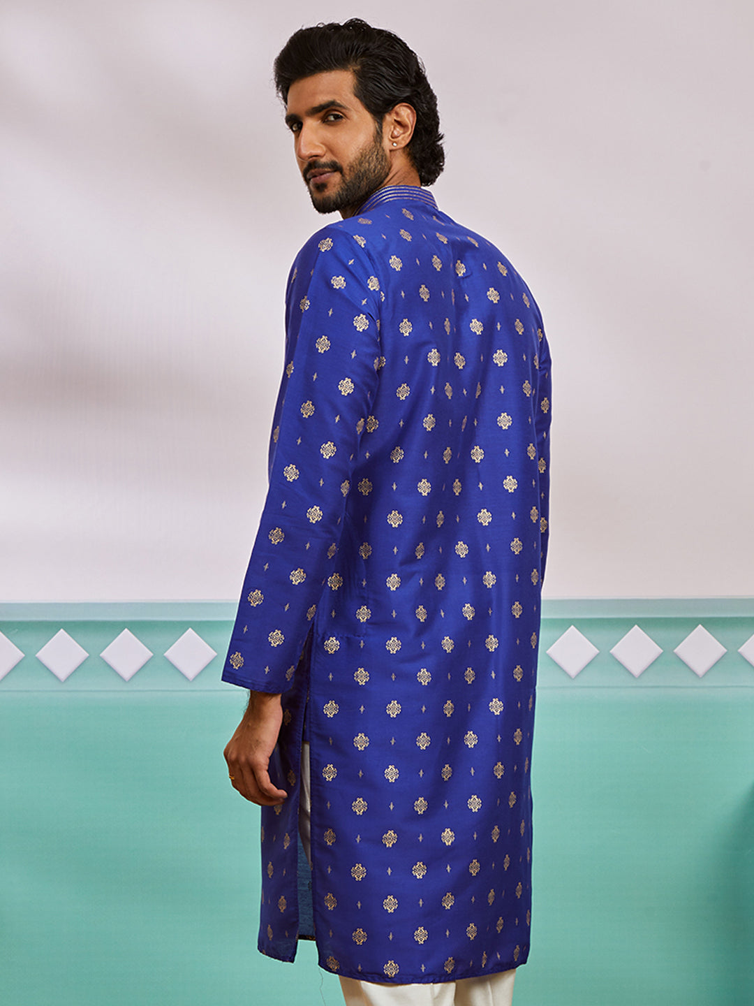 Royal Blue Viscose Blend Wedding Men's Kurta Set