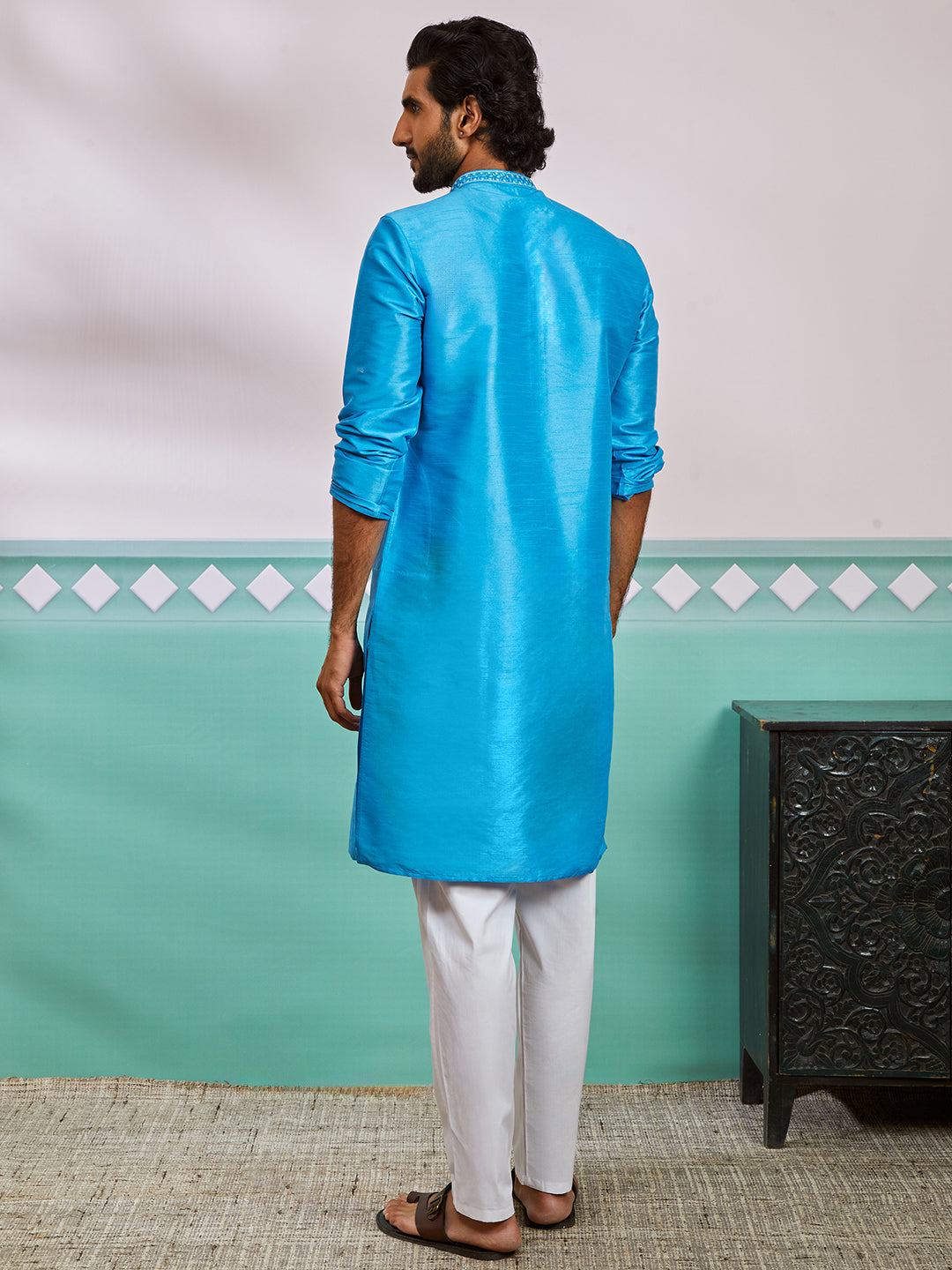 Aqua Dupion Silk Wedding Men's Kurta Set