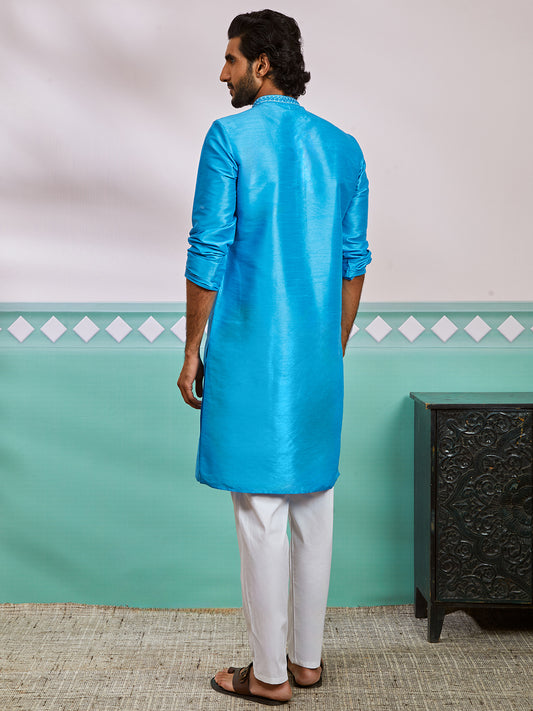 Aqua Dupion Silk Wedding Men's Kurta Set