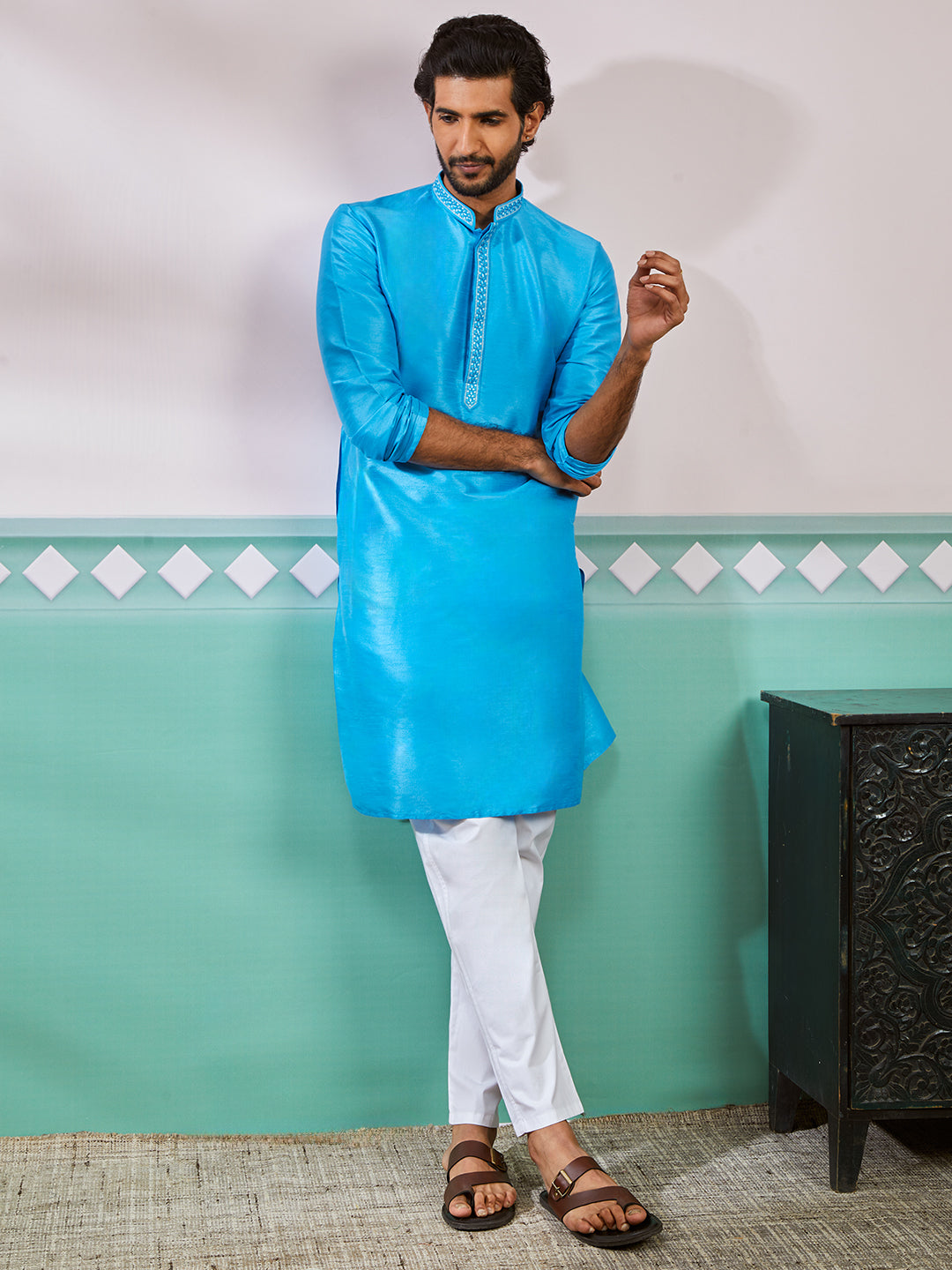 Aqua Dupion Silk Wedding Men's Kurta Set