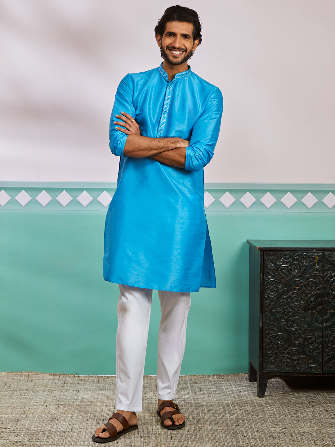 Aqua Dupion Silk Wedding Men's Kurta Set