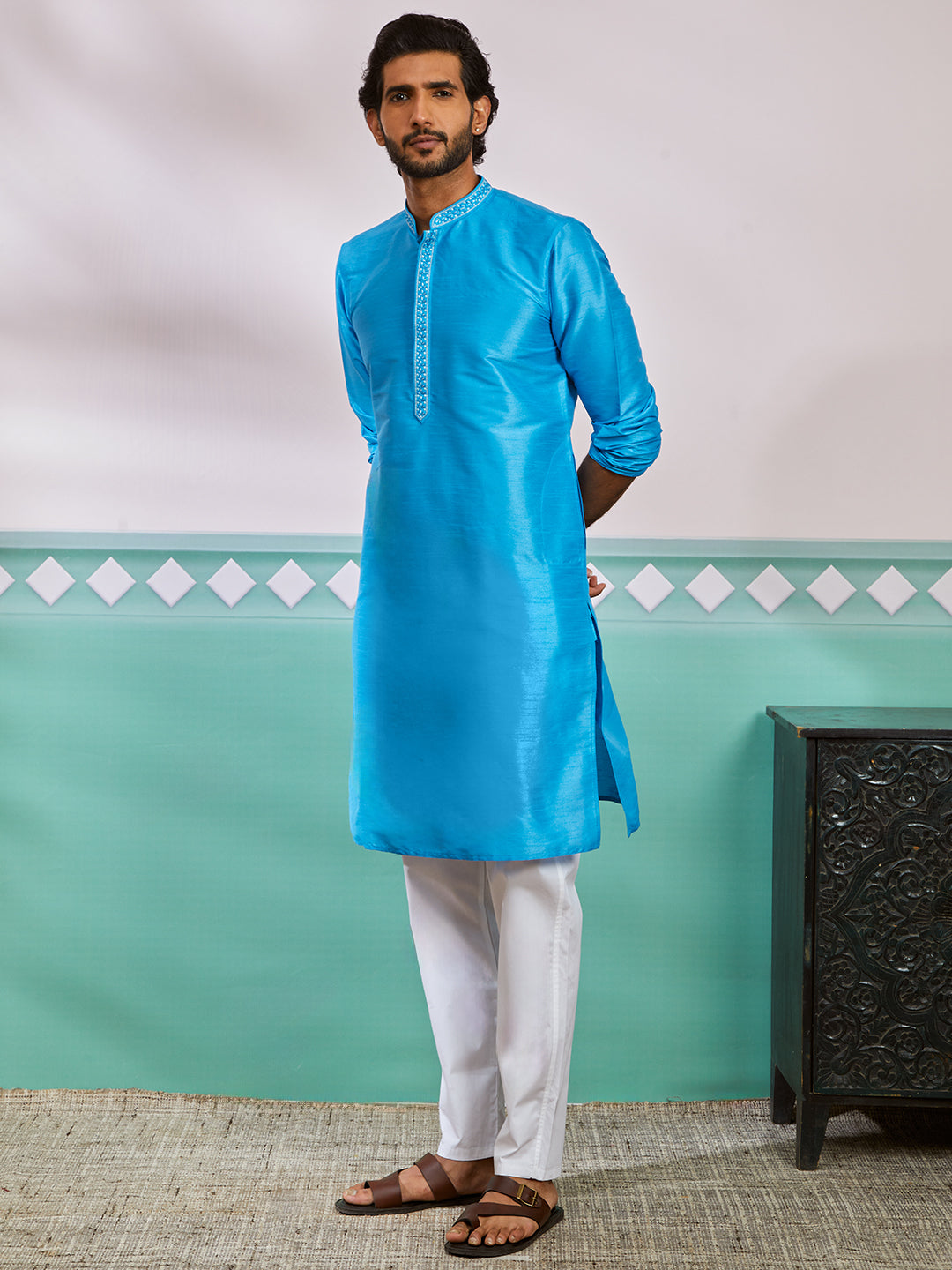 Aqua Dupion Silk Wedding Men's Kurta Set