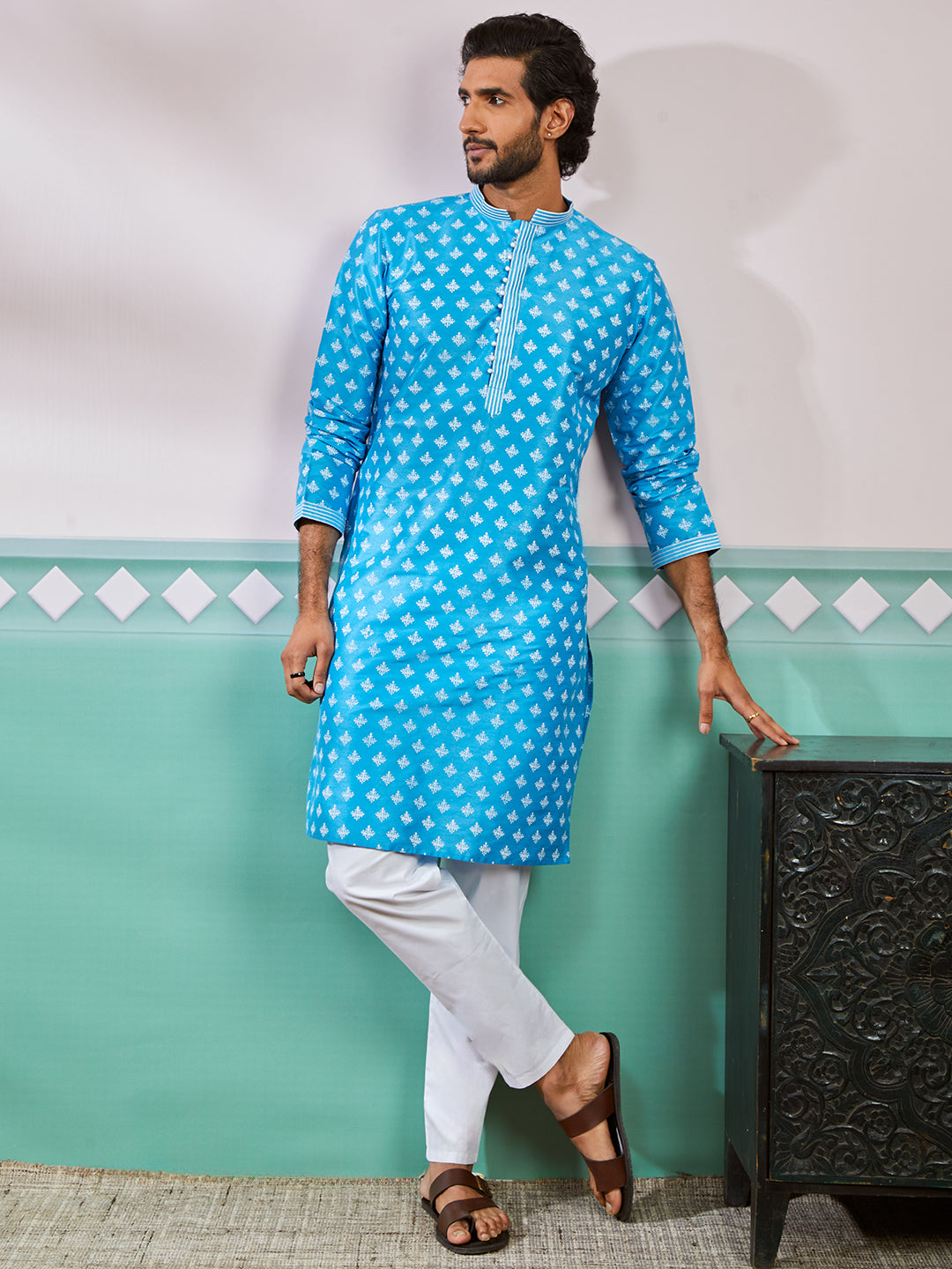 Aqua Dupion Silk Wedding Wear Men's Kurta Set
