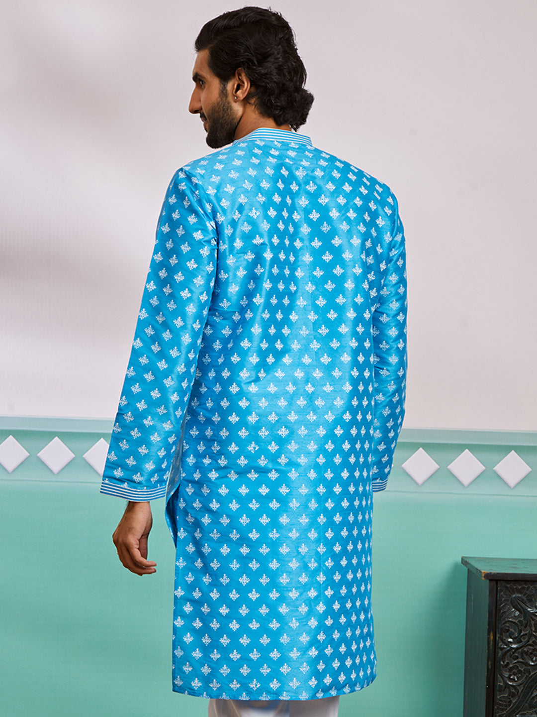 Aqua Dupion Silk Wedding Wear Men's Kurta Set