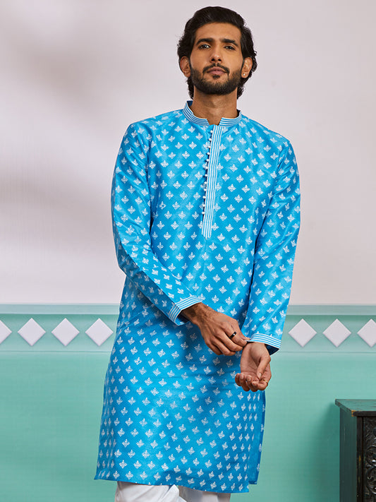 Aqua Dupion Silk Wedding Wear Men's Kurta Set