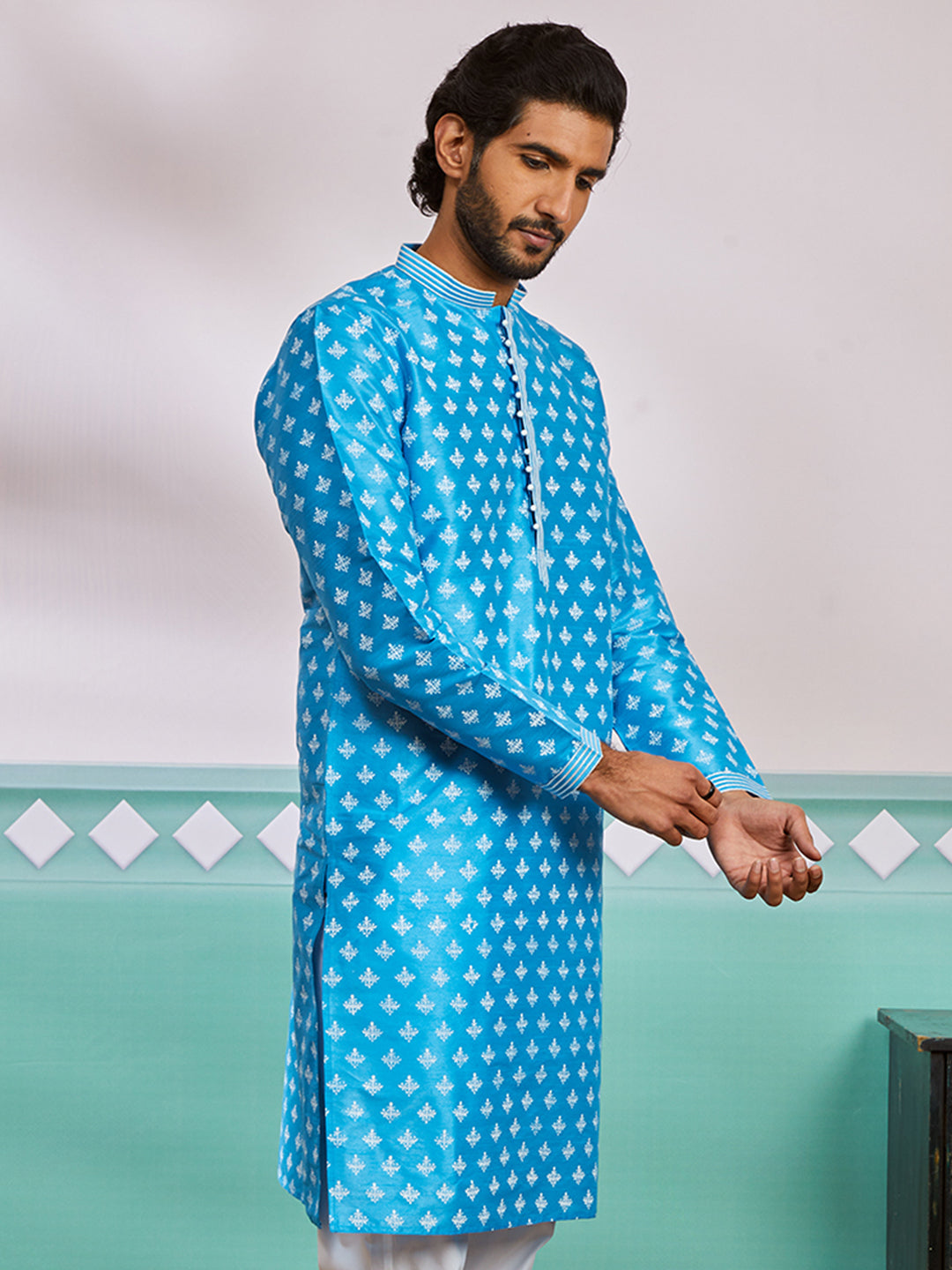 Aqua Dupion Silk Wedding Wear Men's Kurta Set