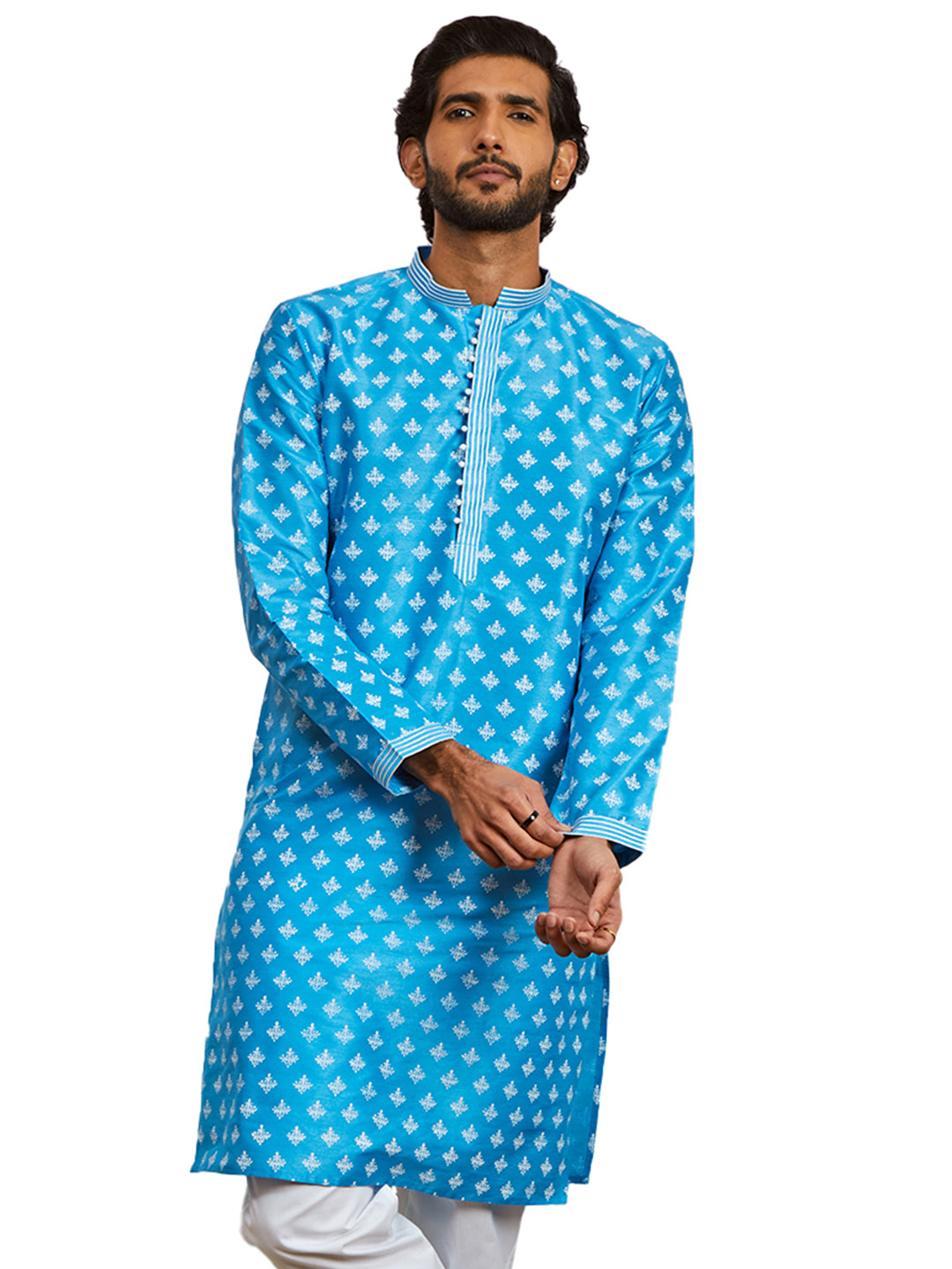 Aqua Dupion Silk Wedding Wear Men's Kurta Set