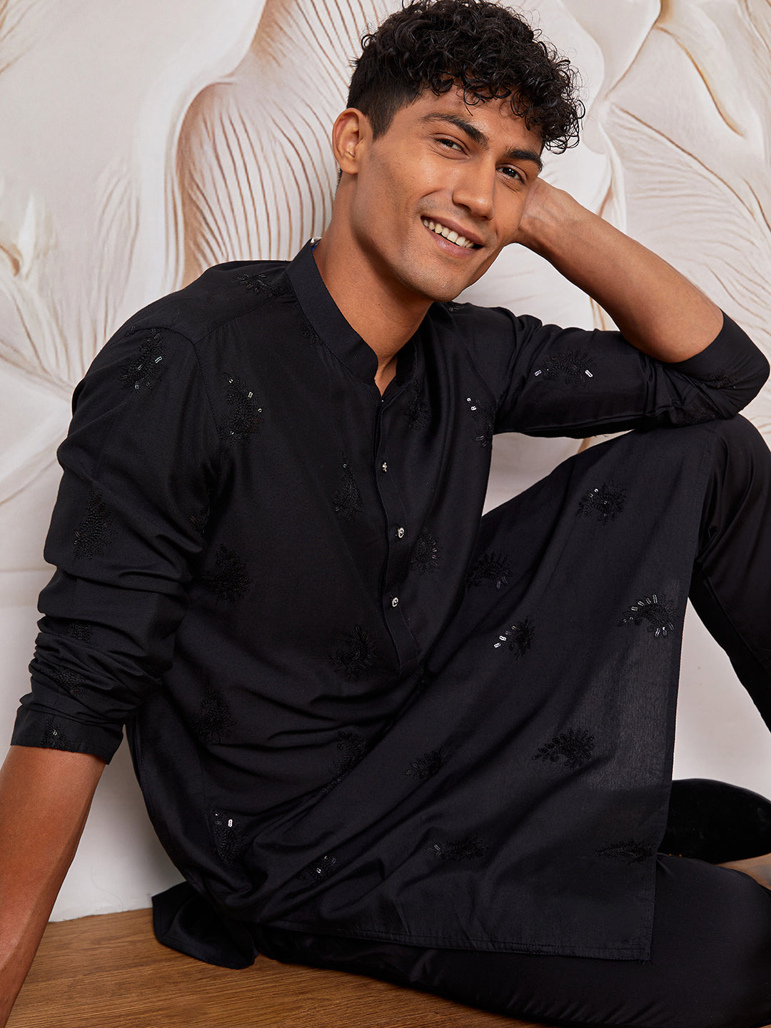 Black Viscose Wedding Men's Kurta Set