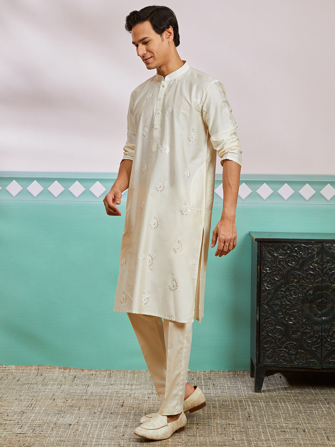 Cream Viscose Wedding Men's Kurta Set