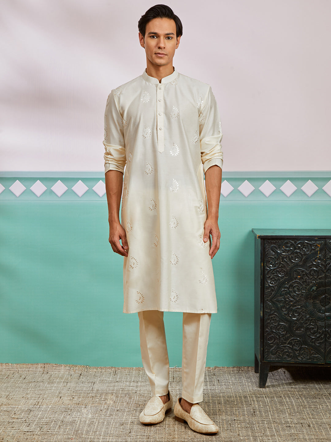 Cream Viscose Wedding Men's Kurta Set
