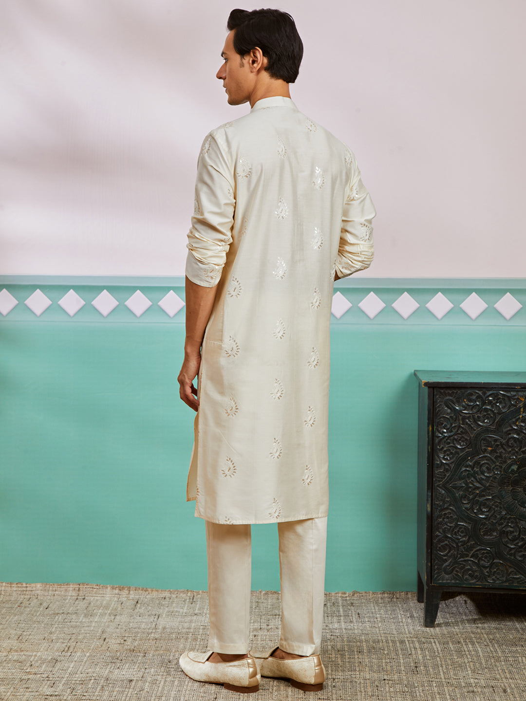 Cream Viscose Wedding Men's Kurta Set