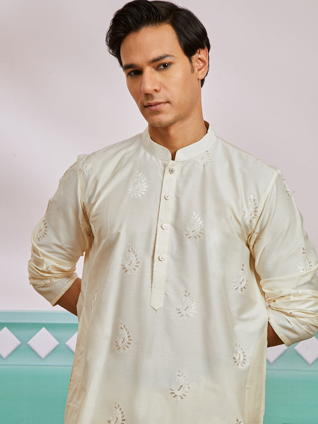 Cream Viscose Wedding Men's Kurta Set