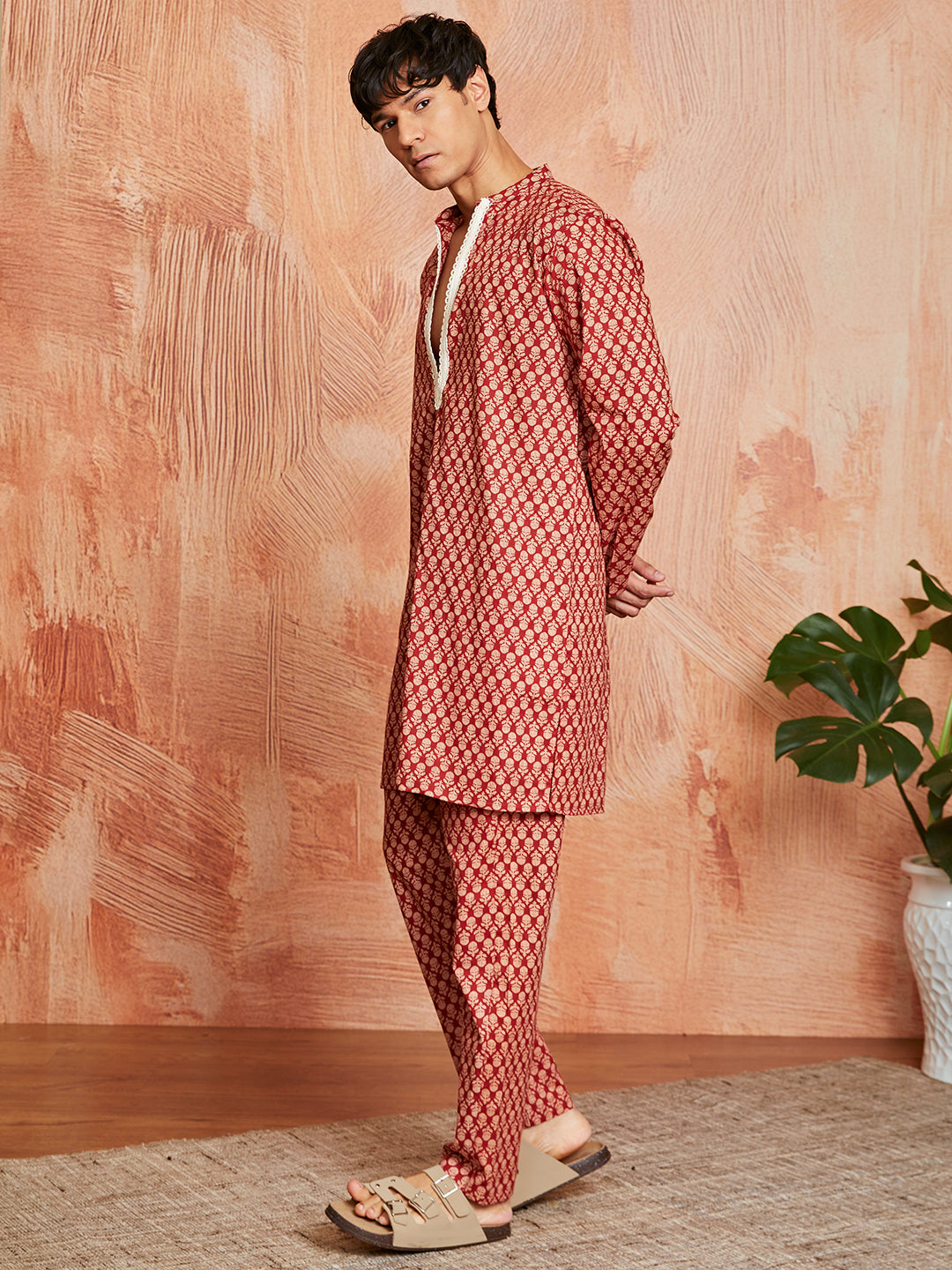 Rust Cotton Casual Men's Kurta Set