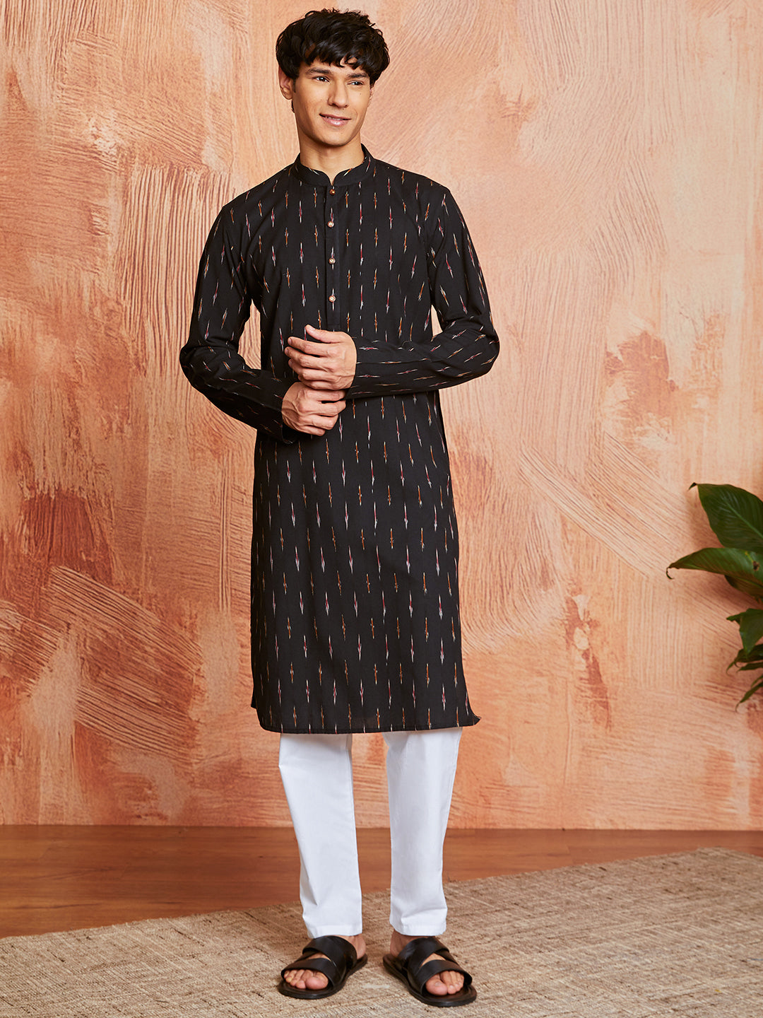 Stylist Black Cotton Casual Men's Kurta Set