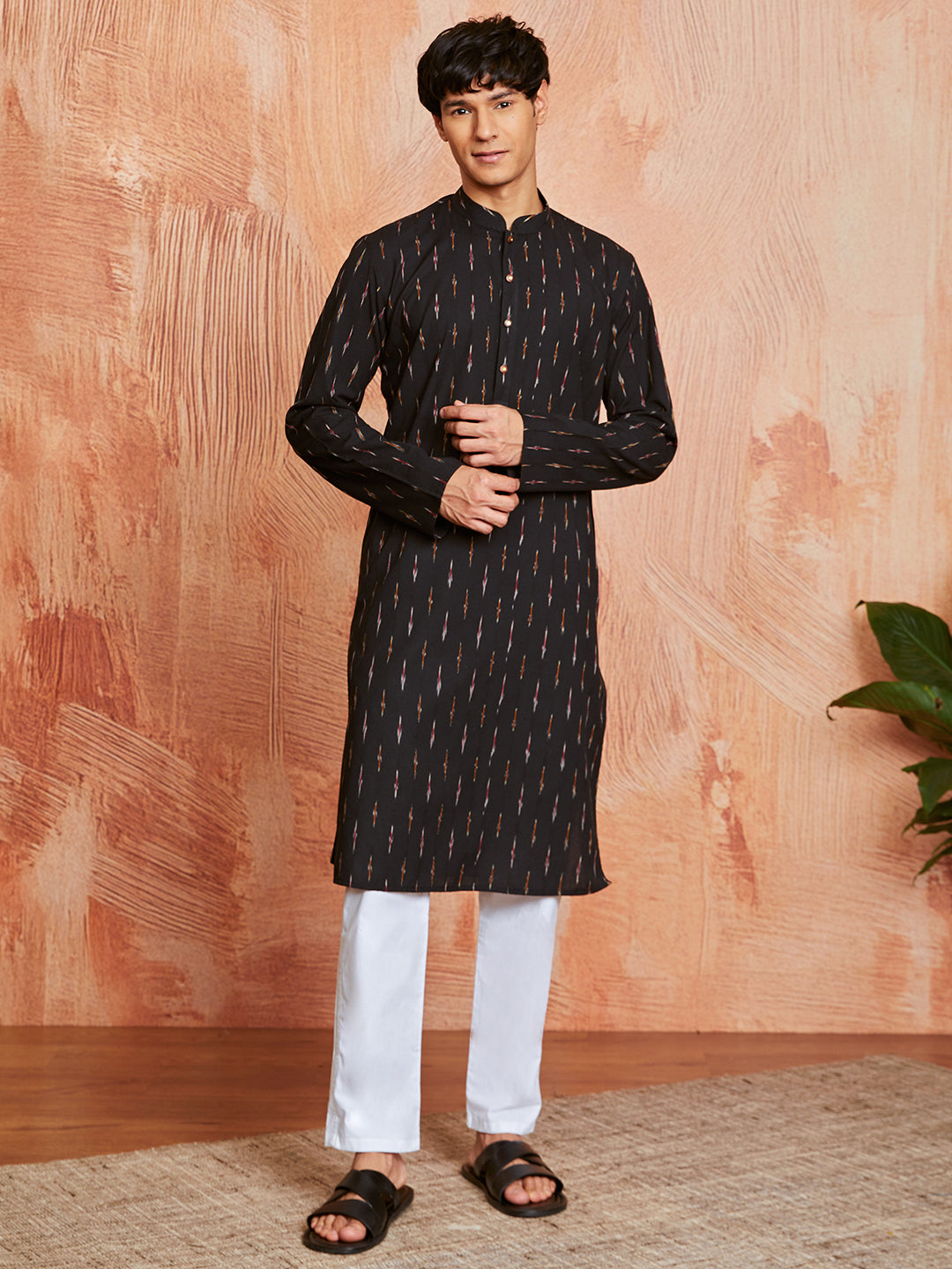 Stylist Black Cotton Casual Men's Kurta Set