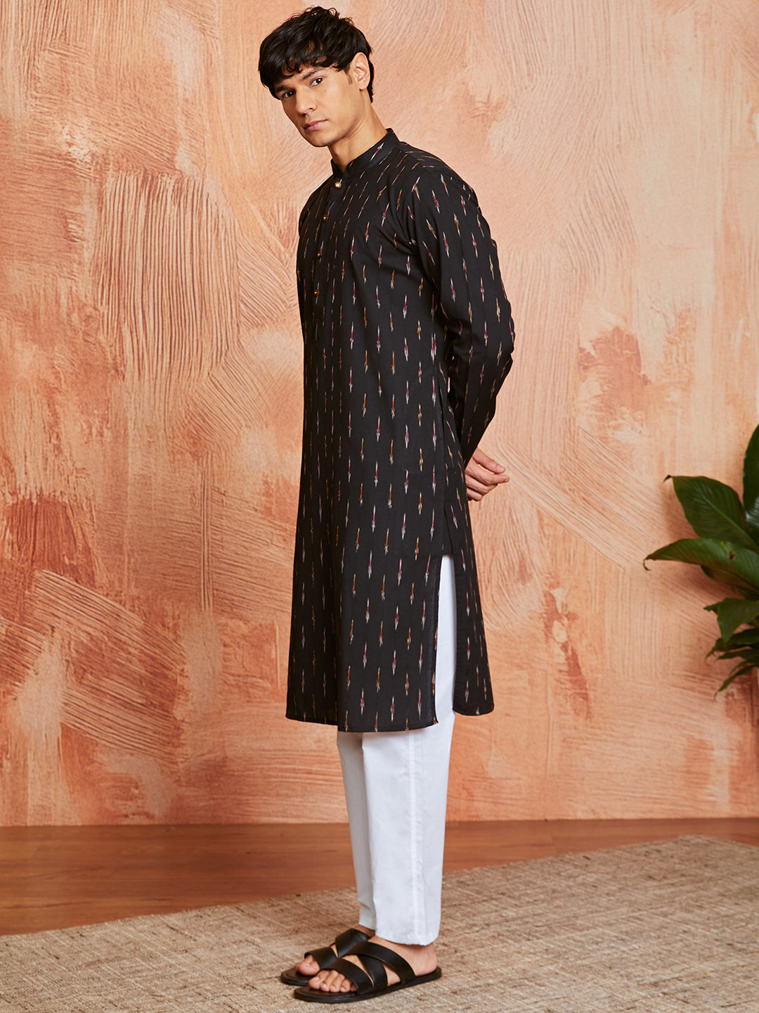Stylist Black Cotton Casual Men's Kurta Set