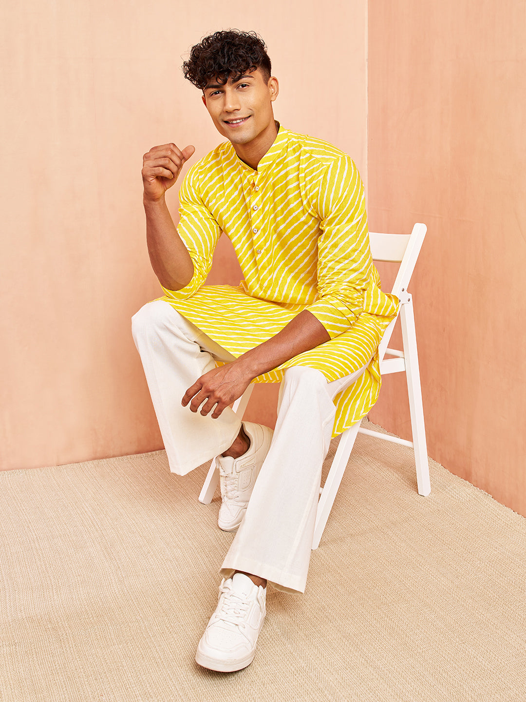 Yellow Cotton Casual Men's Kurta Set