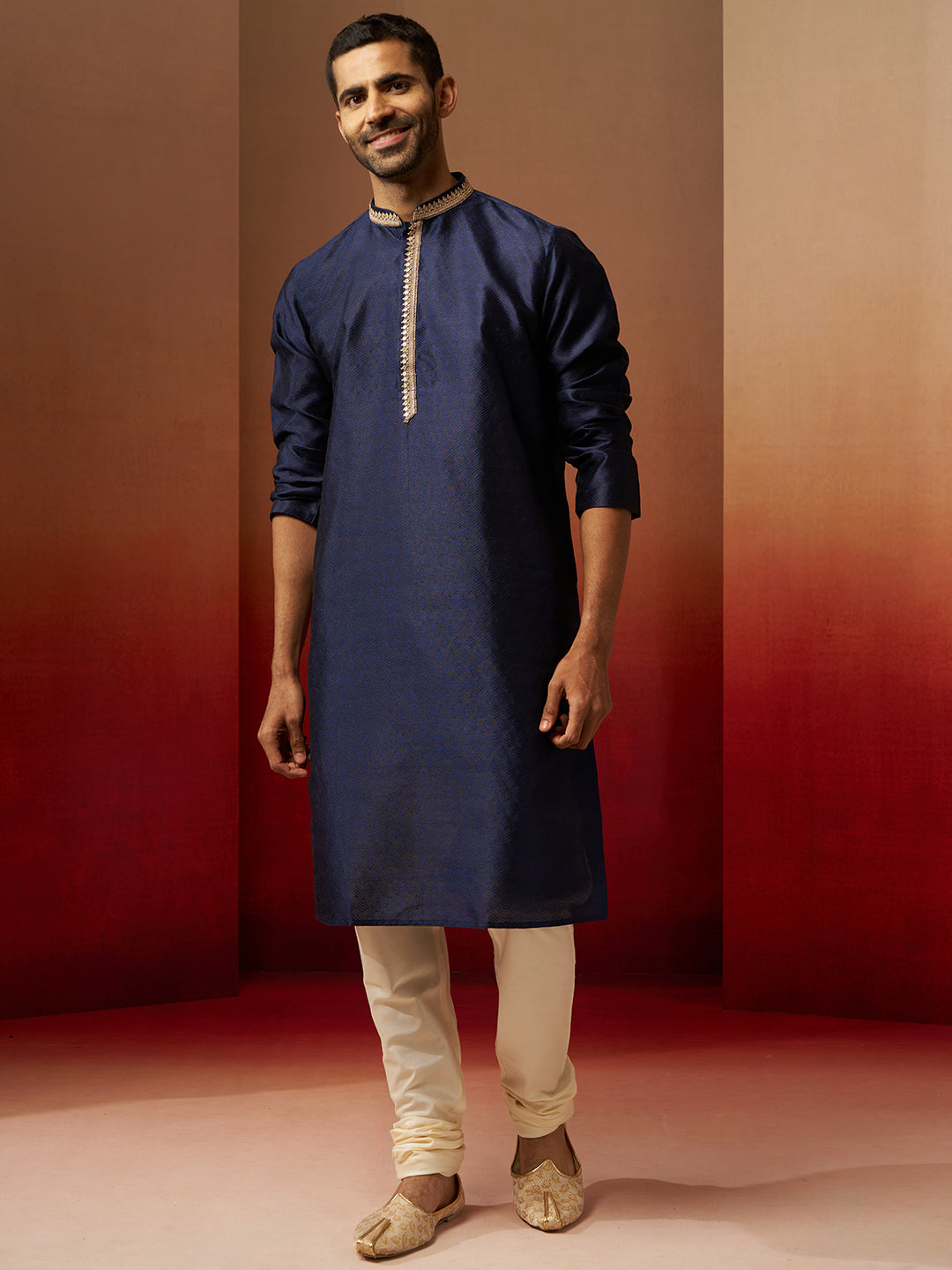 Navy Blue Silk Festival Wear Men'S Kurta Set