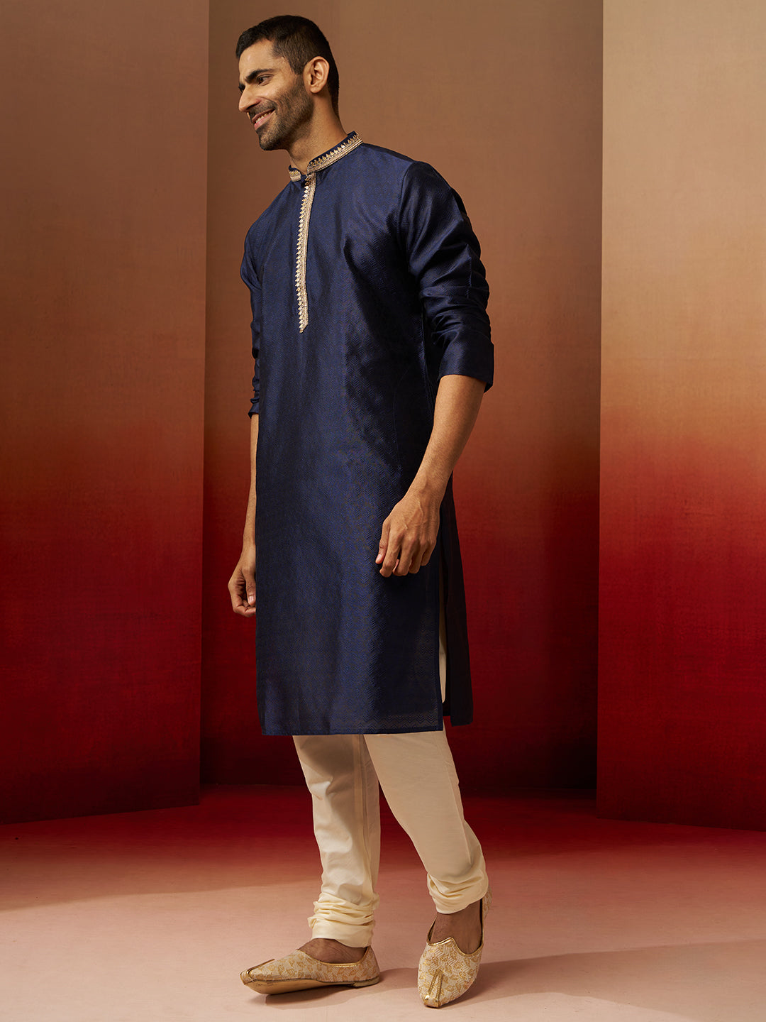 Navy Blue Silk Festival Wear Men'S Kurta Set