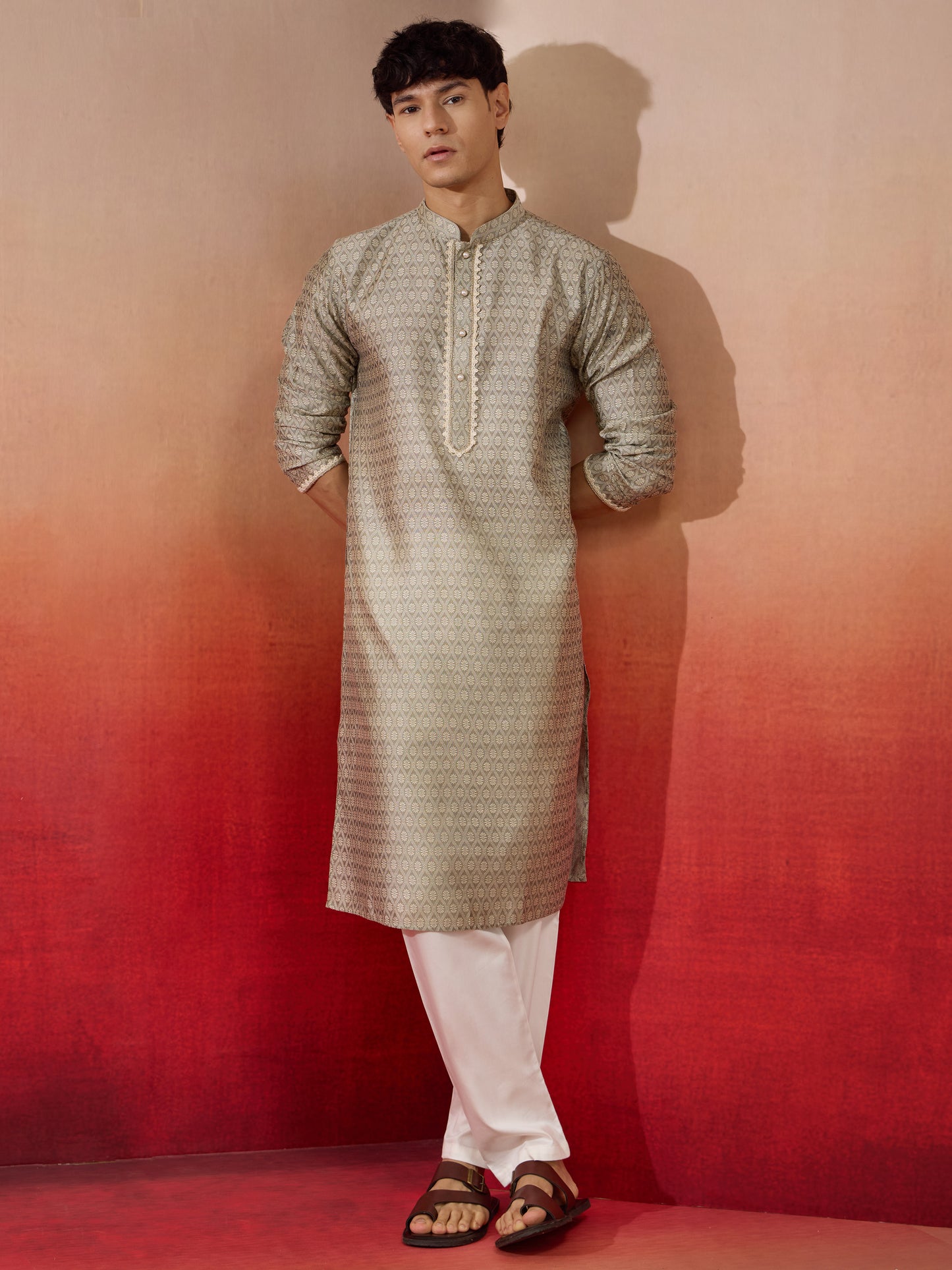 Grey Silk Wedding Wear Men'S Kurta Set