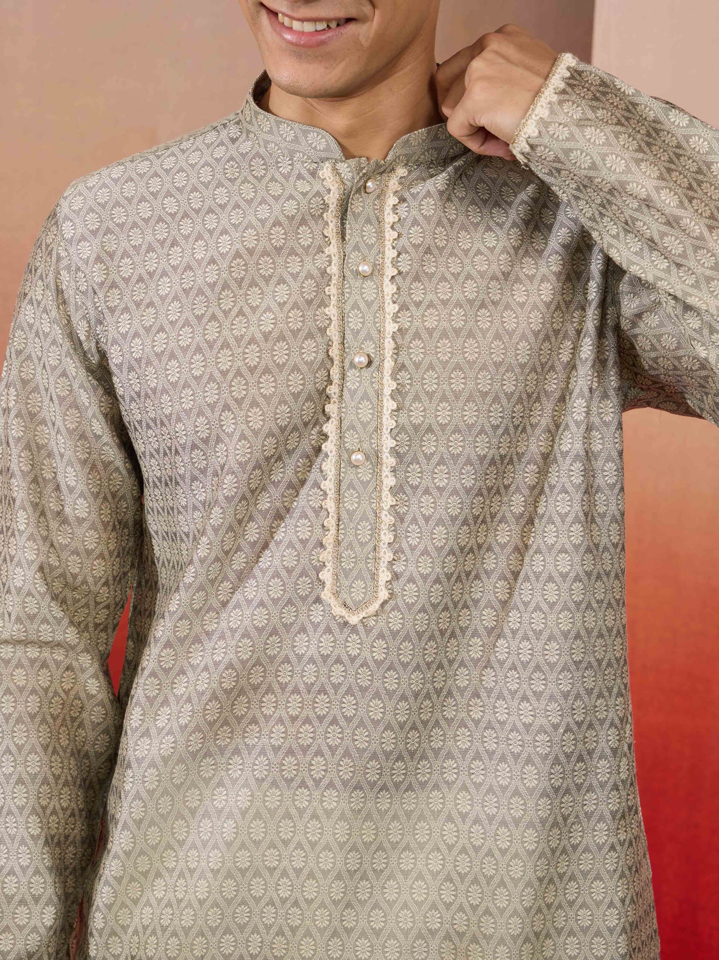 Grey Silk Wedding Wear Men'S Kurta Set