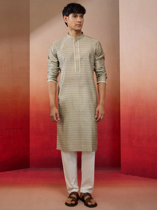 Grey Silk Wedding Wear Men'S Kurta Set