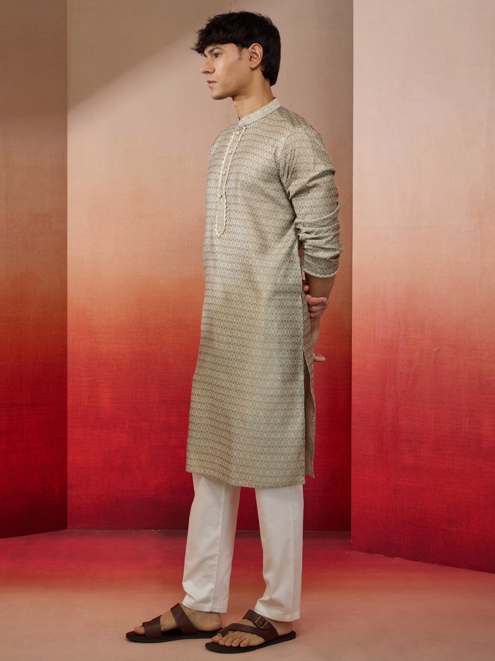 Grey Silk Wedding Wear Men'S Kurta Set