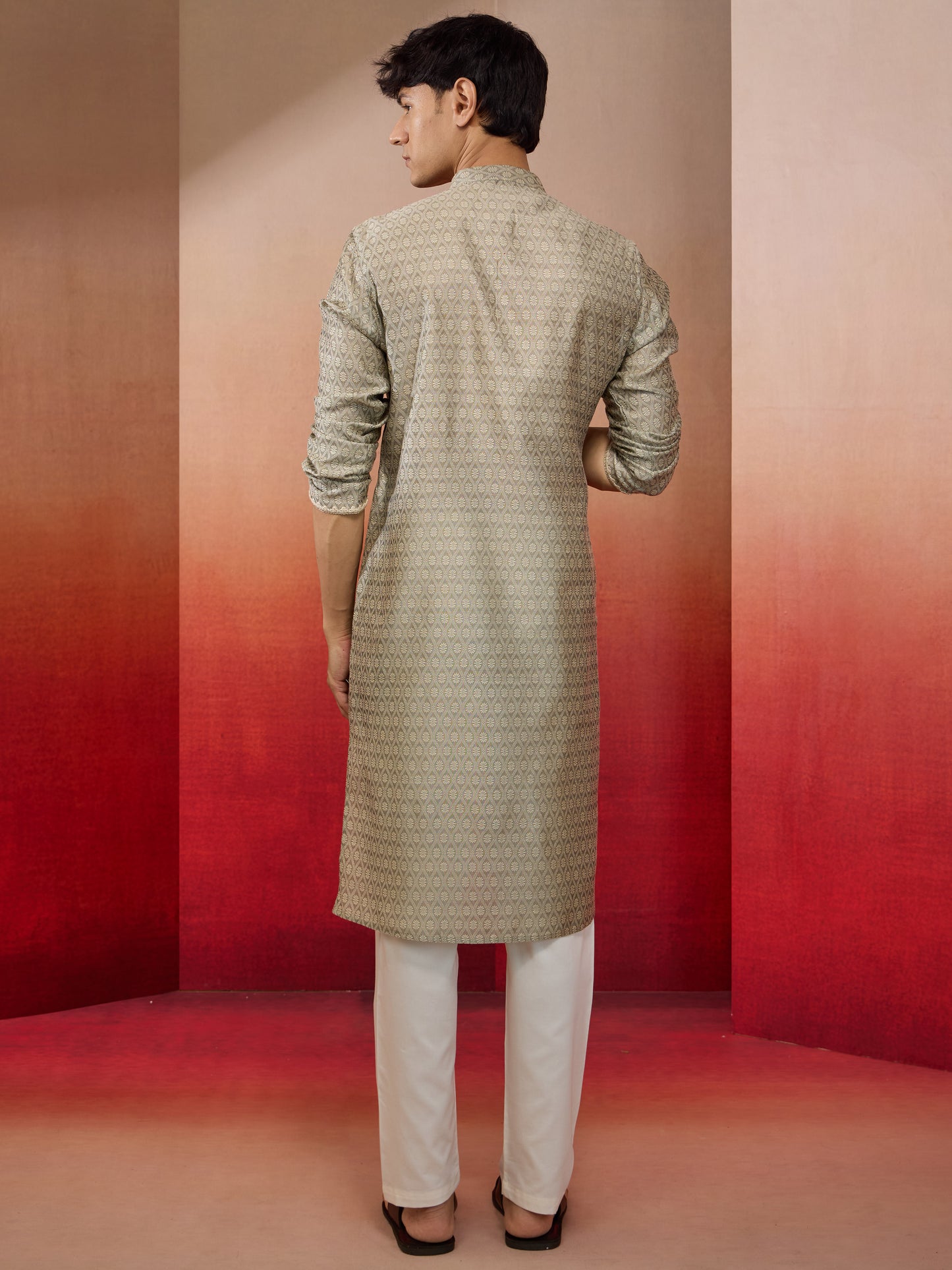 Grey Silk Wedding Wear Men'S Kurta Set