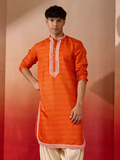 Orange Silk Festival Wear Men'S Kurta