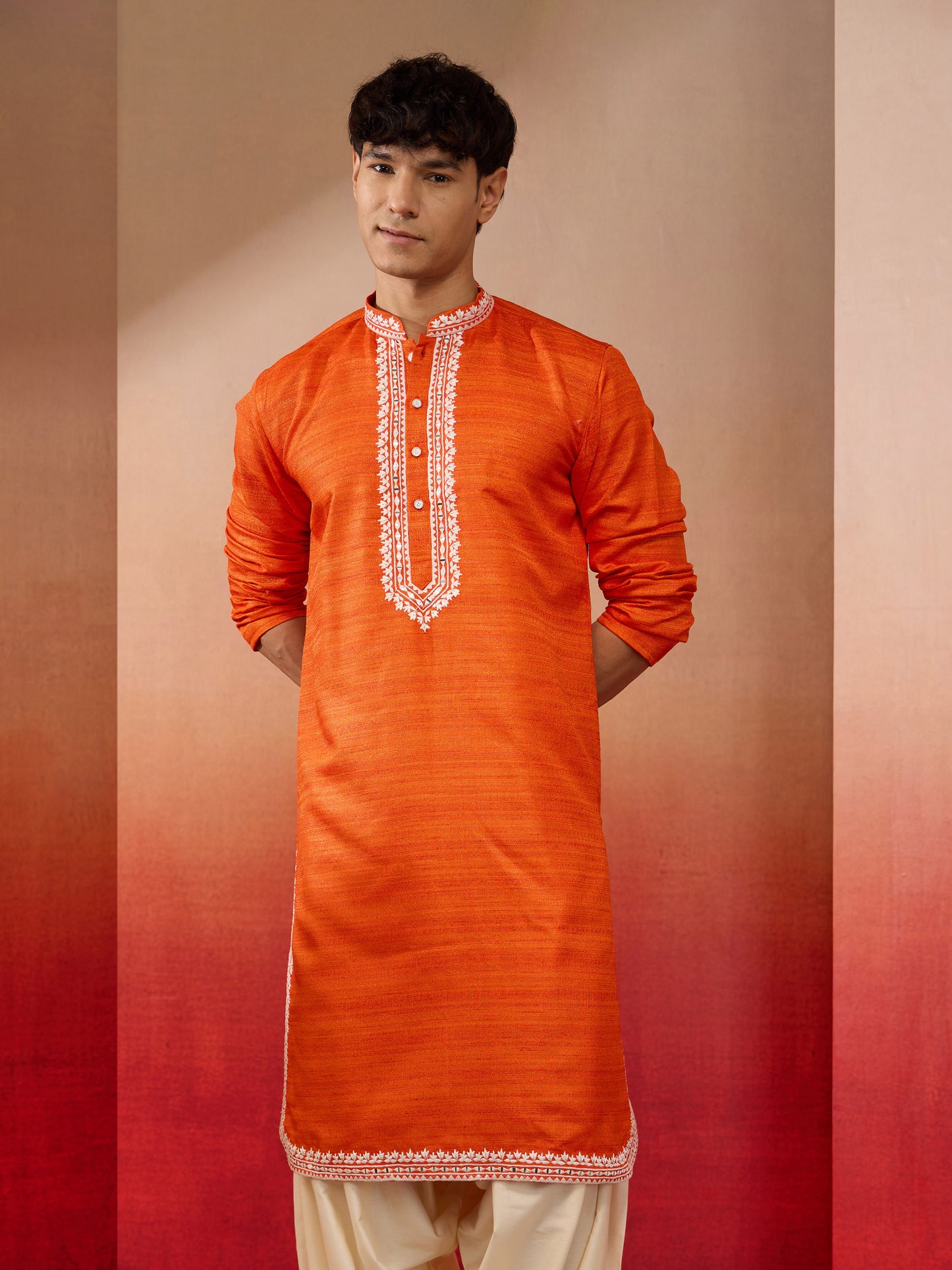 Orange Silk Festival Wear Men'S Kurta