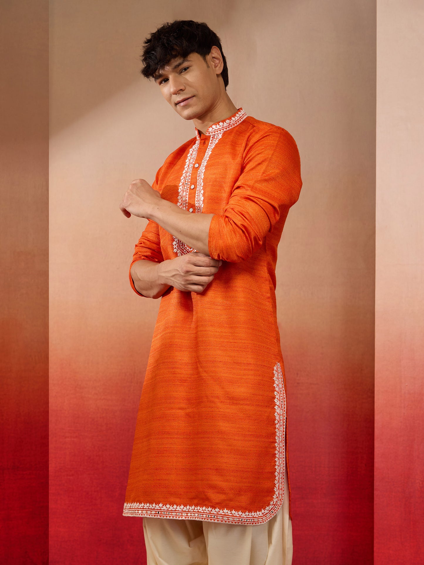 Orange Silk Festival Wear Men'S Kurta