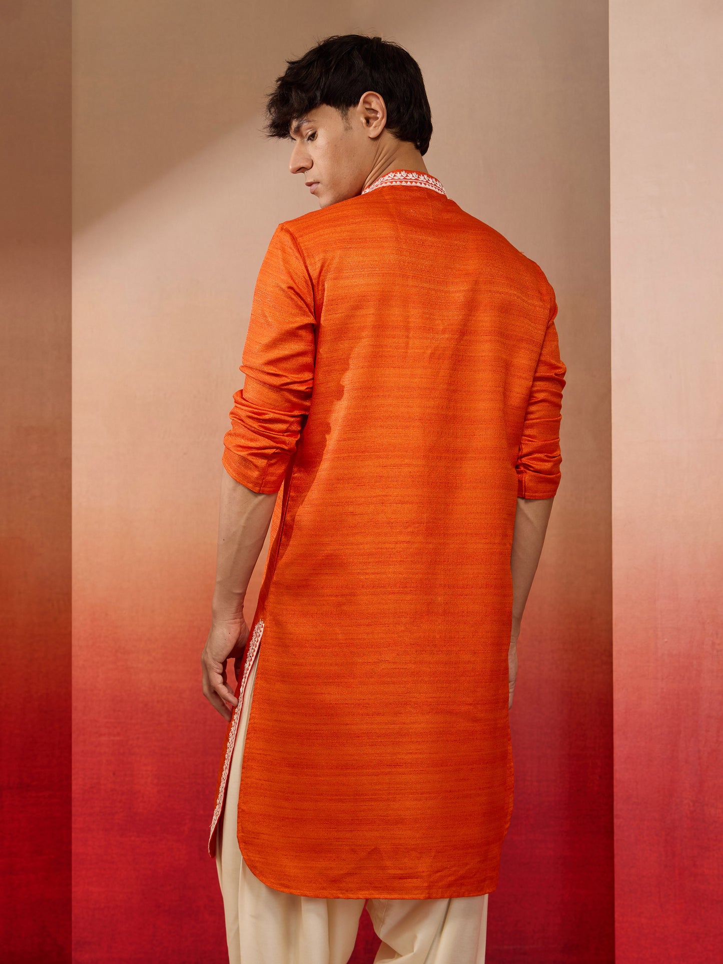 Orange Silk Festival Wear Men'S Kurta