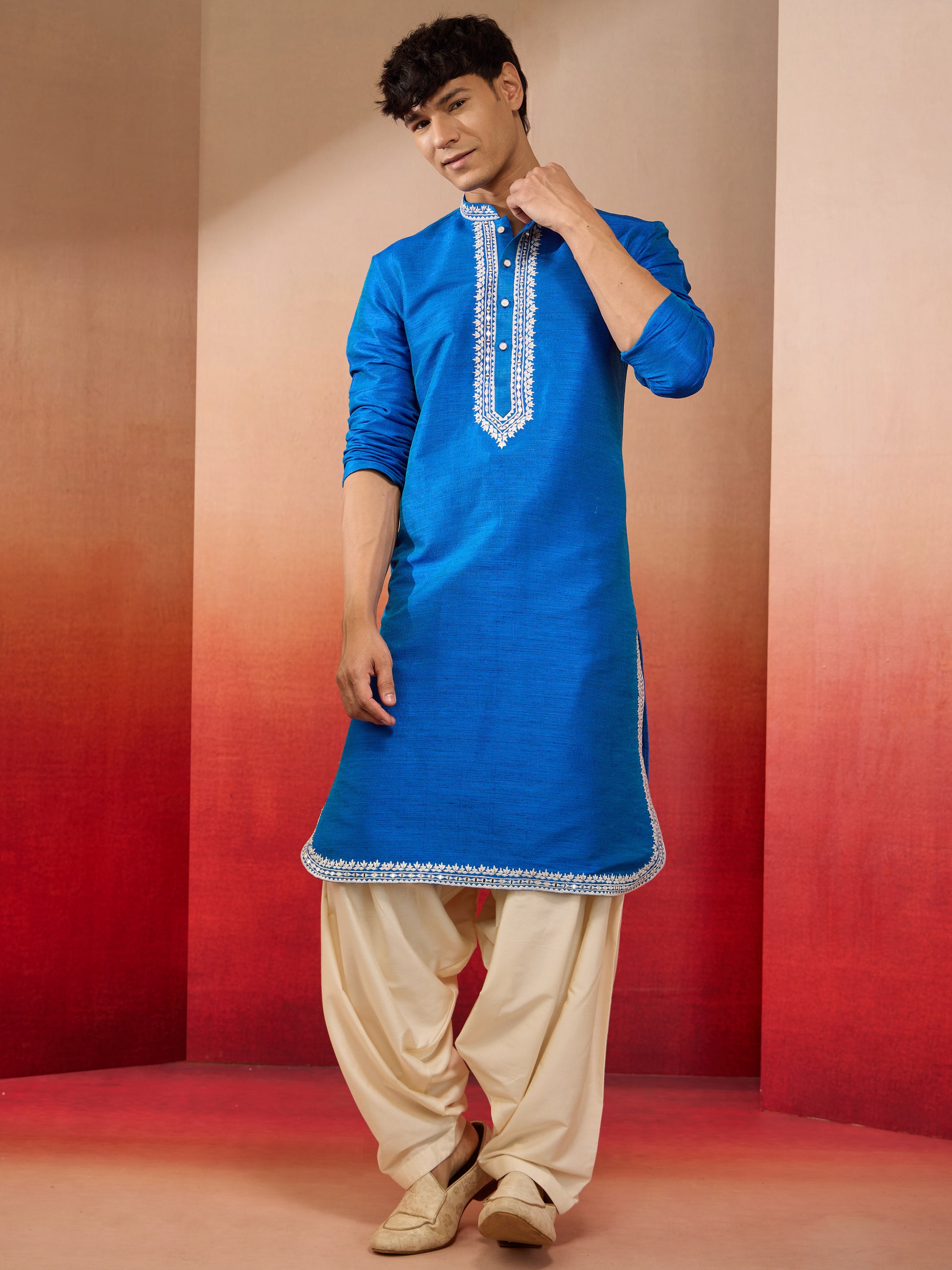 Royal Blue Silk Festival Wear Men'S Kurta Set