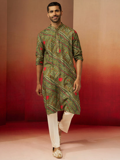 Green Silk Navratri Wear Men'S Kurta Set