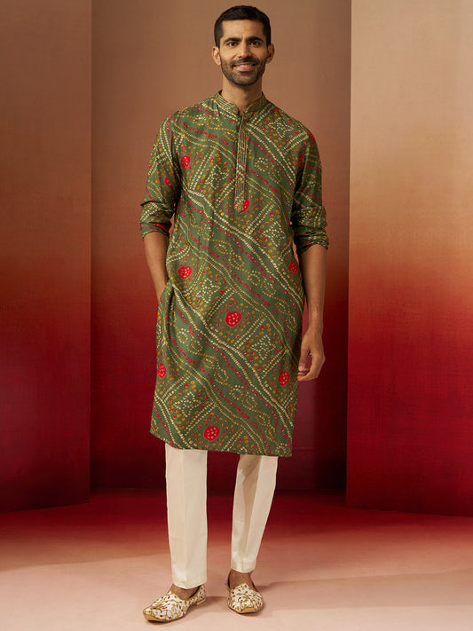Green Silk Navratri Wear Men'S Kurta Set