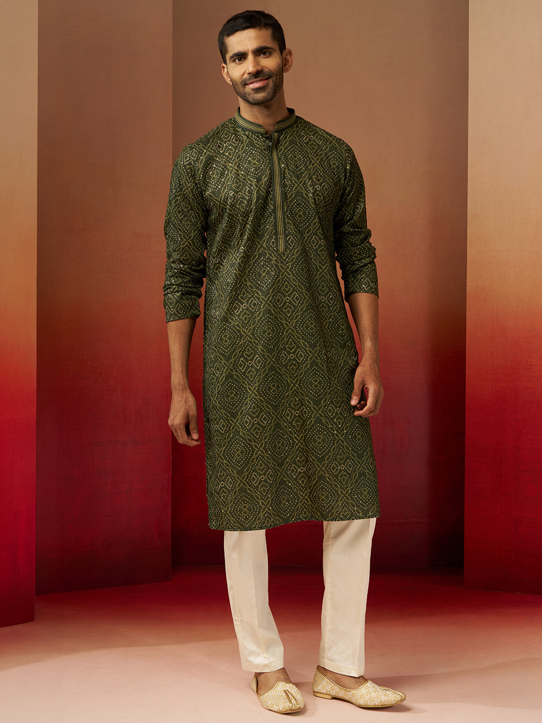 Green Cotton Navratri Wear Men'S Kurta Set
