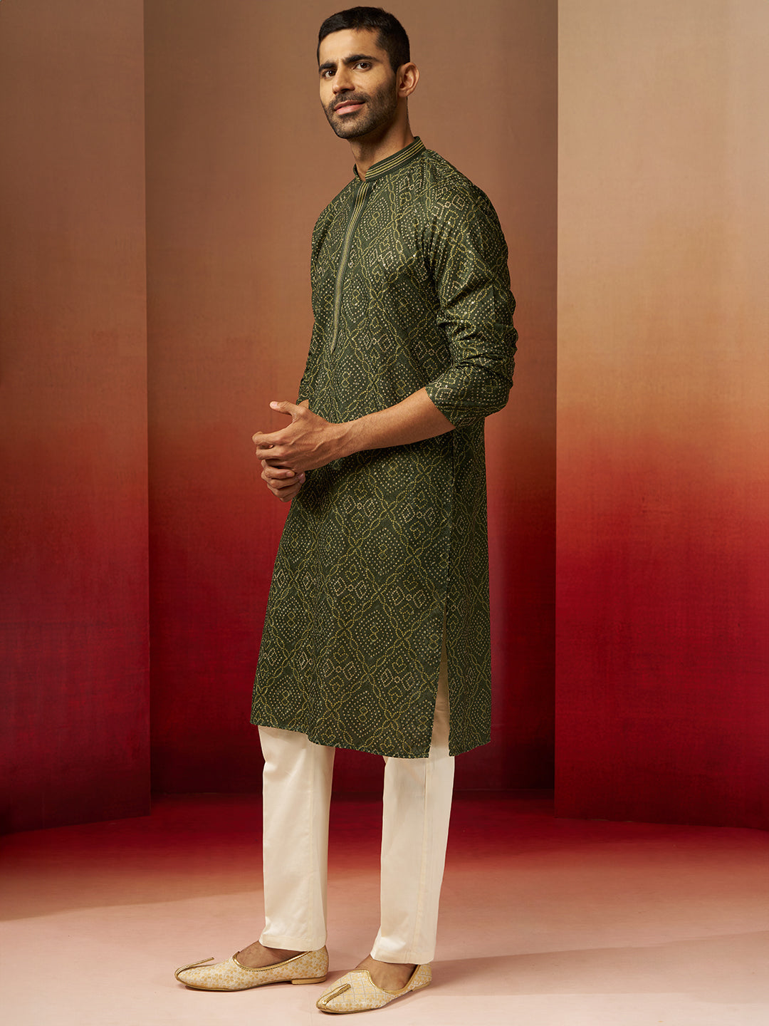 Green Cotton Navratri Wear Men'S Kurta Set