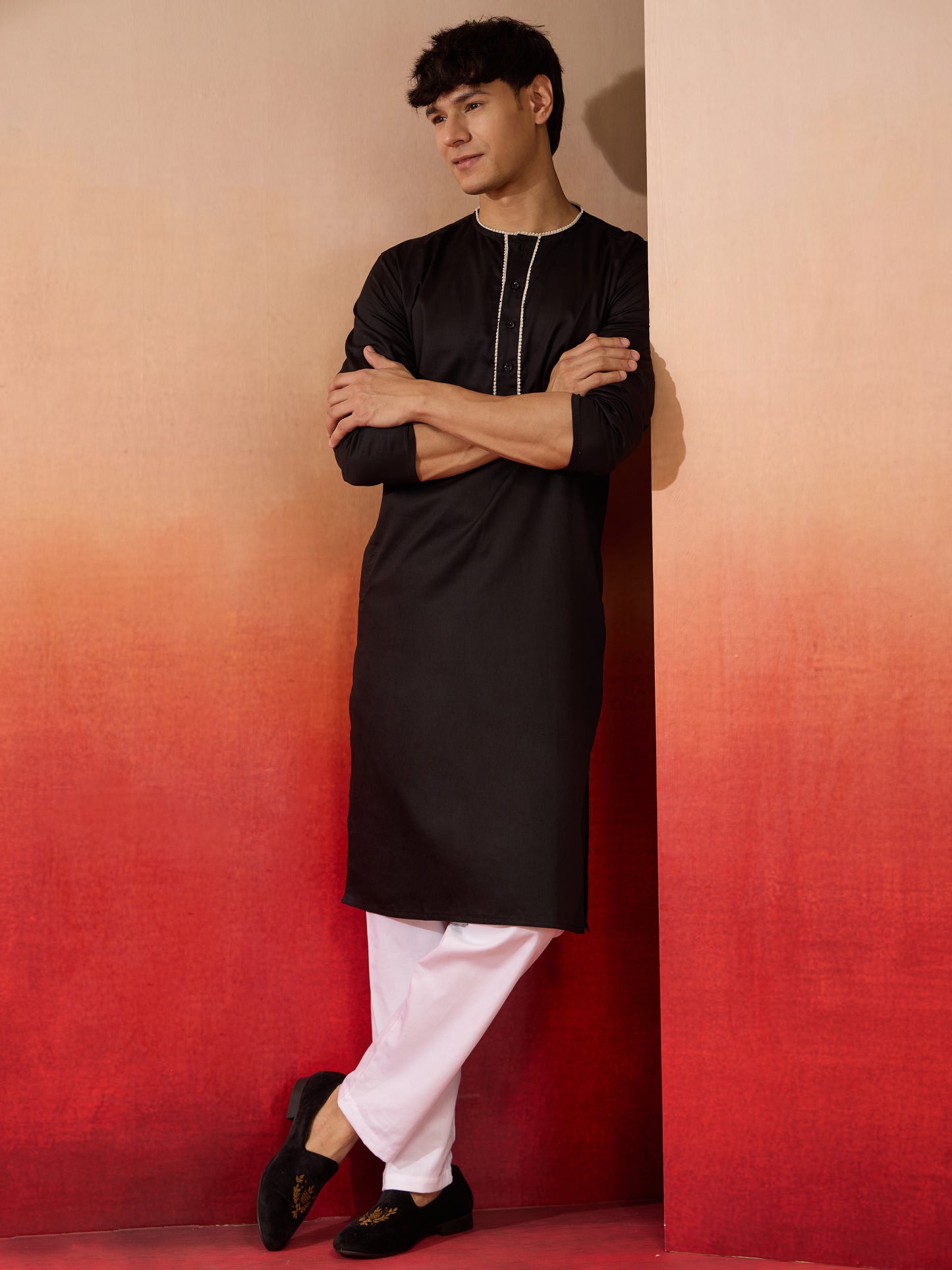Black Cotton Festival Wear Men'S Kurta Set