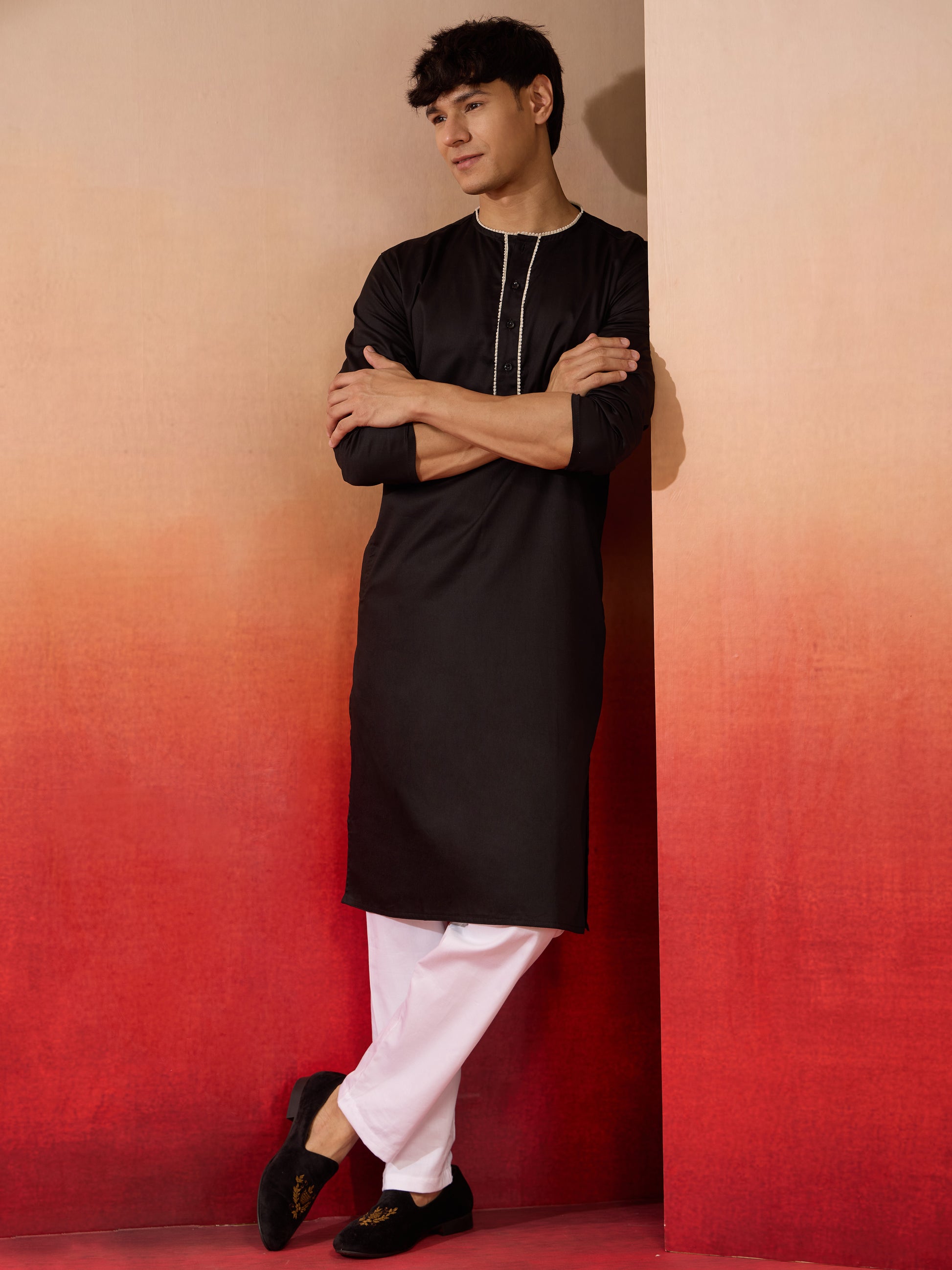Black Cotton Festival Wear Men'S Kurta Set