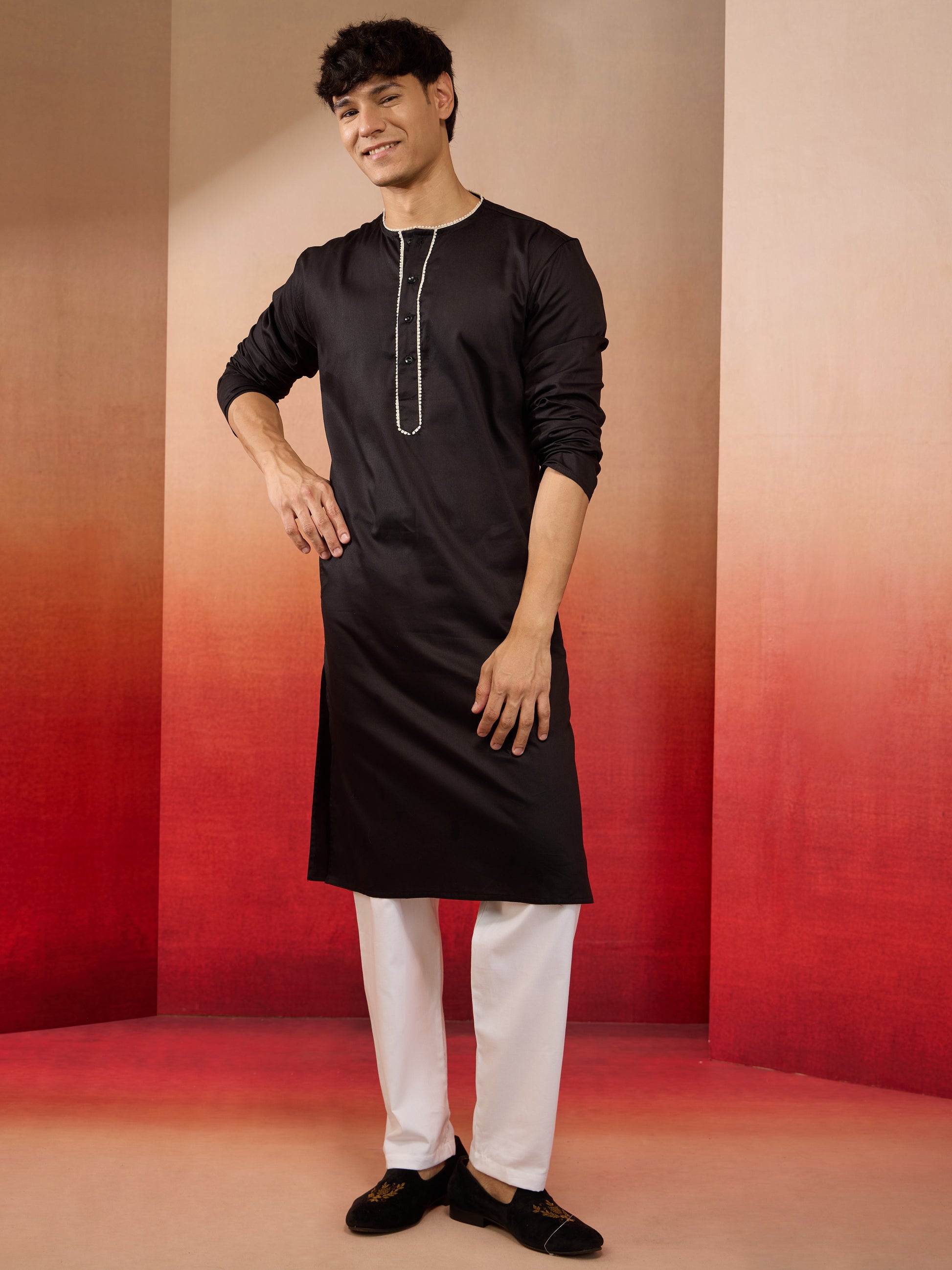 Black Cotton Festival Wear Men'S Kurta Set