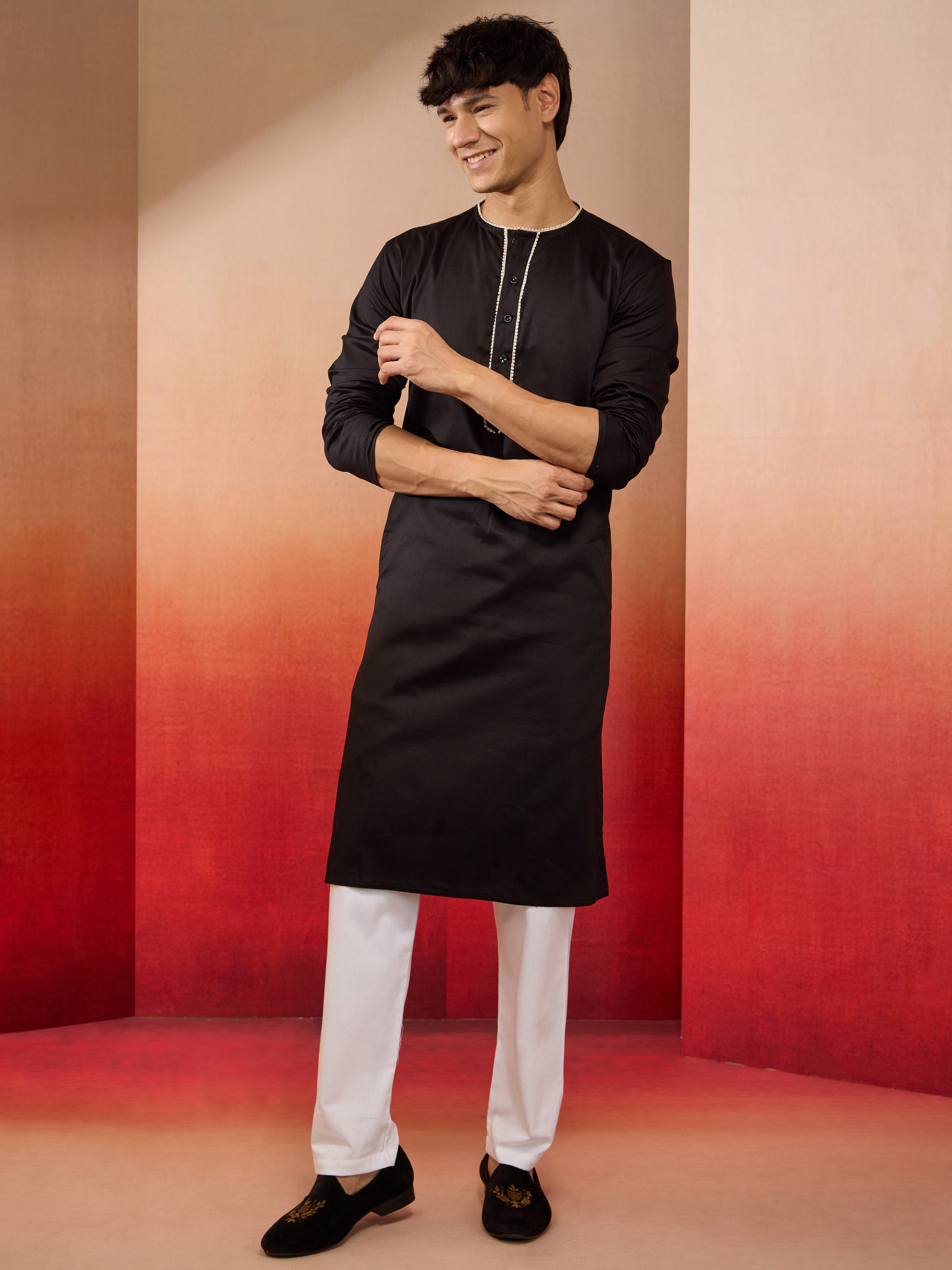 Black Cotton Festival Wear Men'S Kurta Set