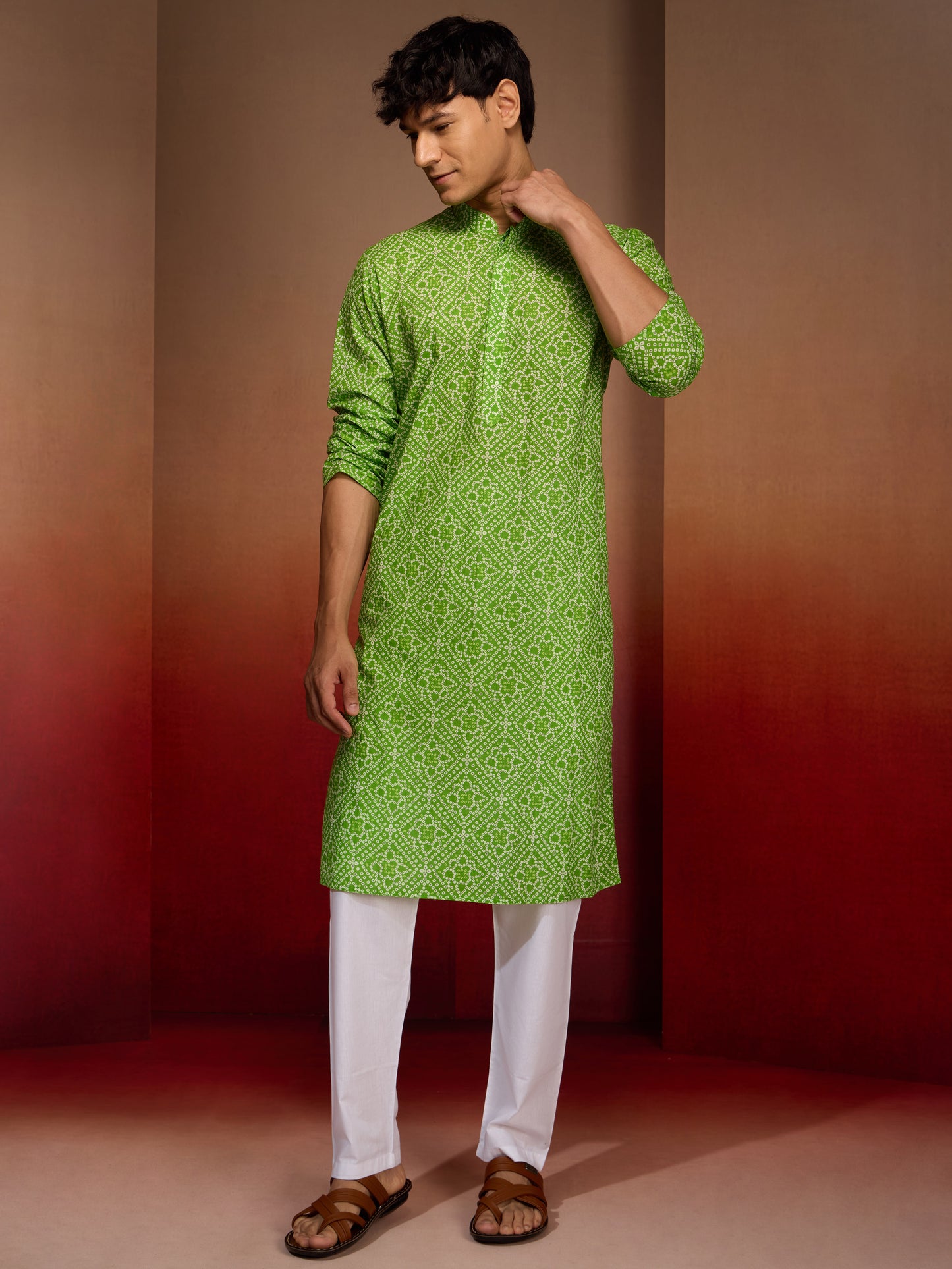 Green Cotton Casual Wear Men'S Kurta Set