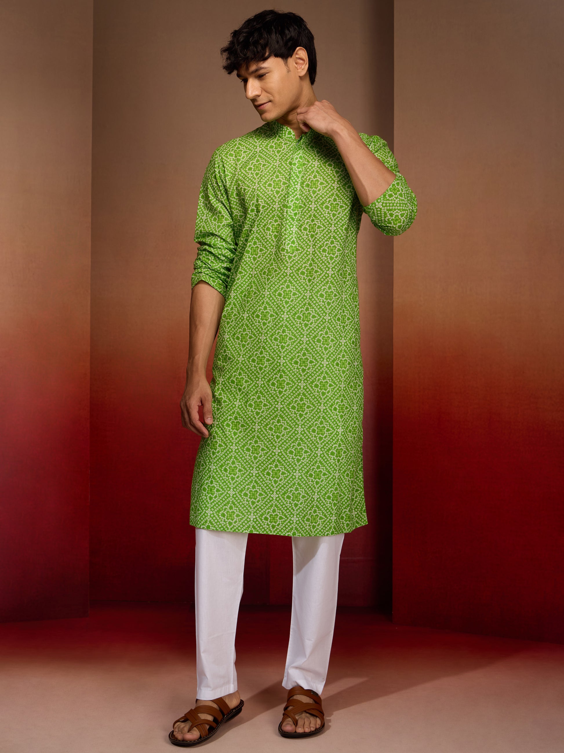 Green Cotton Casual Wear Men'S Kurta Set