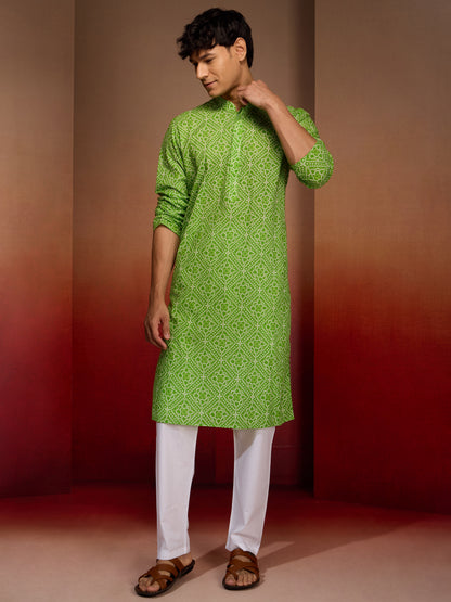 Green Cotton Casual Wear Men'S Kurta Set