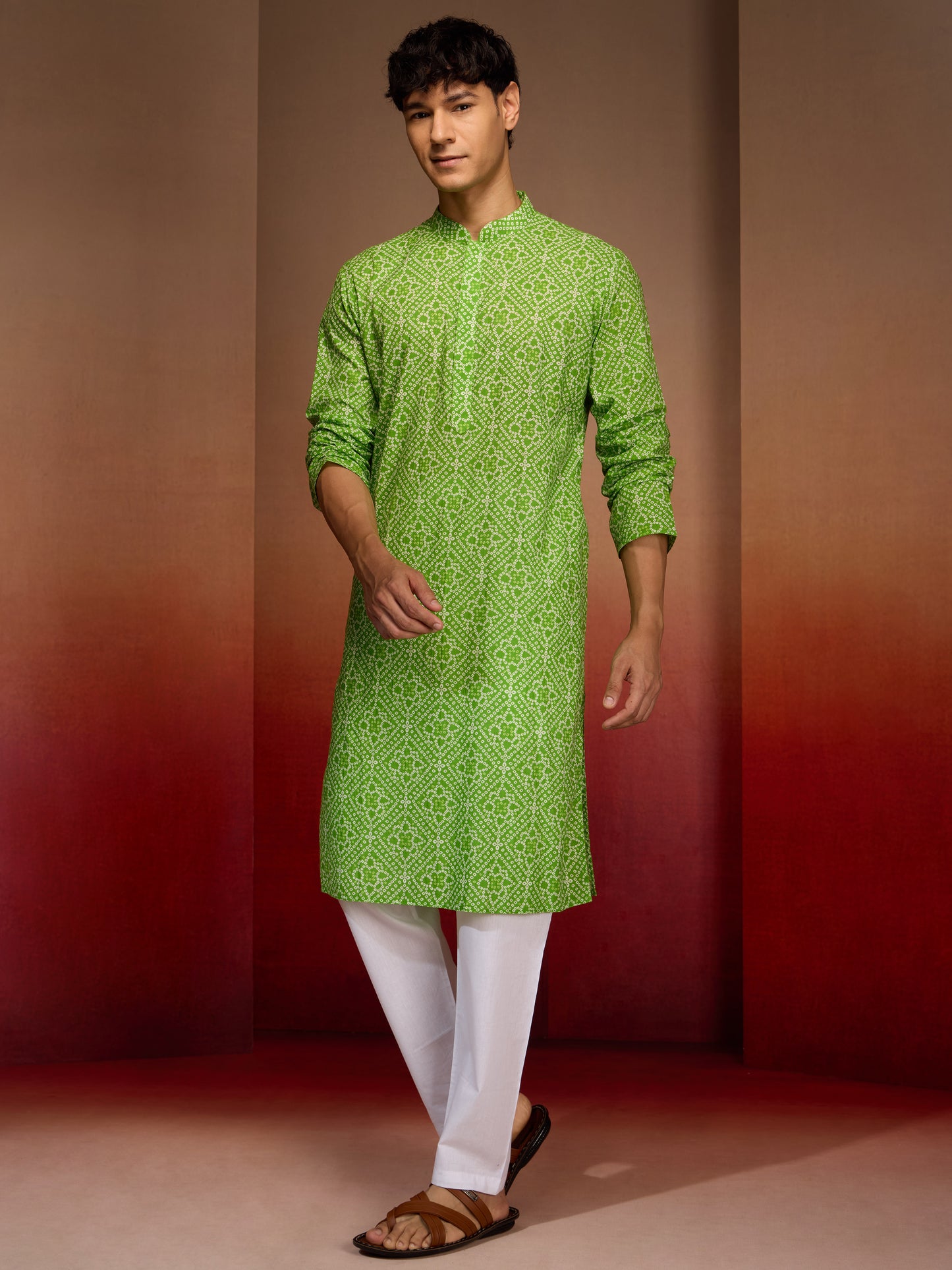 Green Cotton Casual Wear Men'S Kurta Set