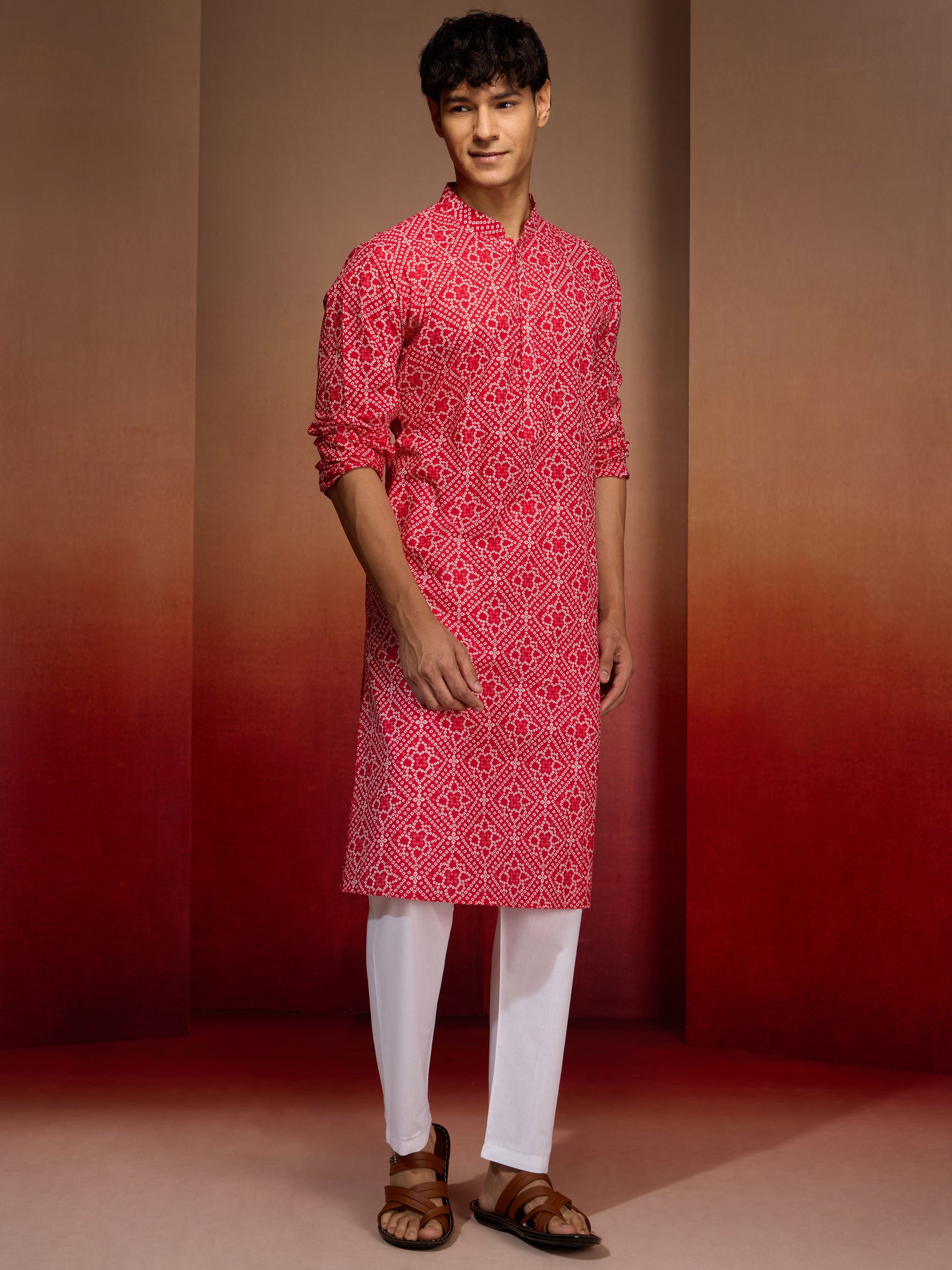 Red Cotton Casual Wear Men'S Kurta Set