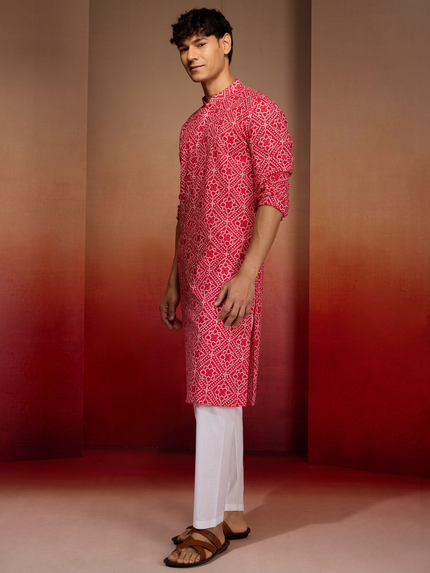 Red Cotton Casual Wear Men'S Kurta Set
