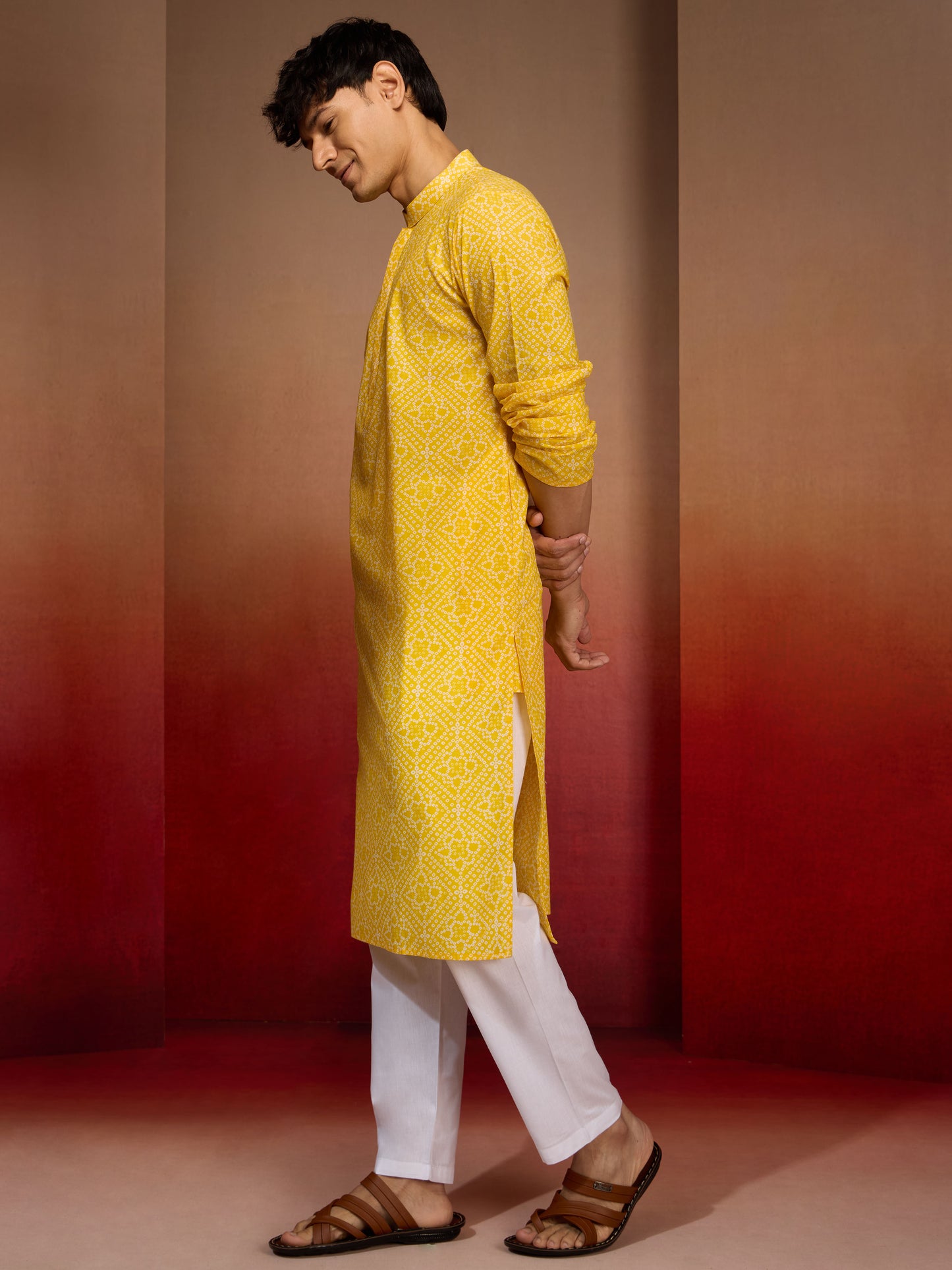 Yellow Cotton Casual Wear Men'S Kurta Set