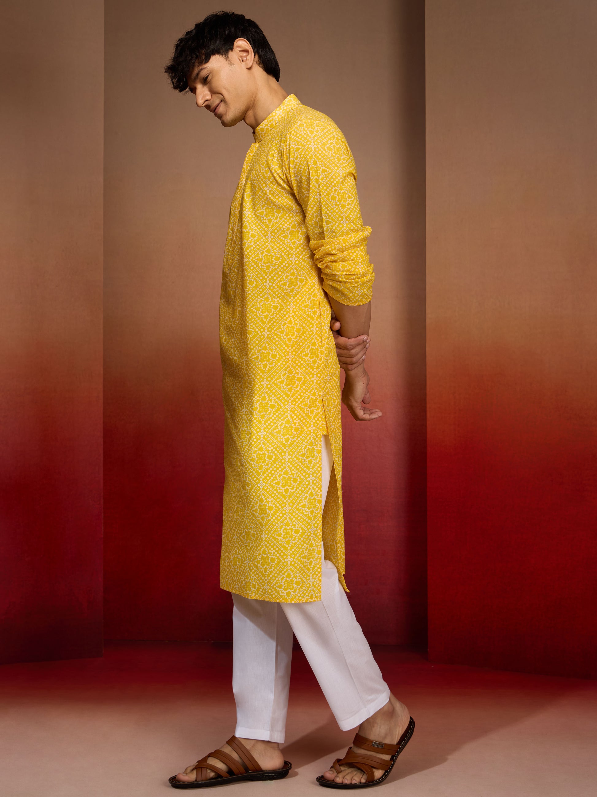 Yellow Cotton Casual Wear Men'S Kurta Set